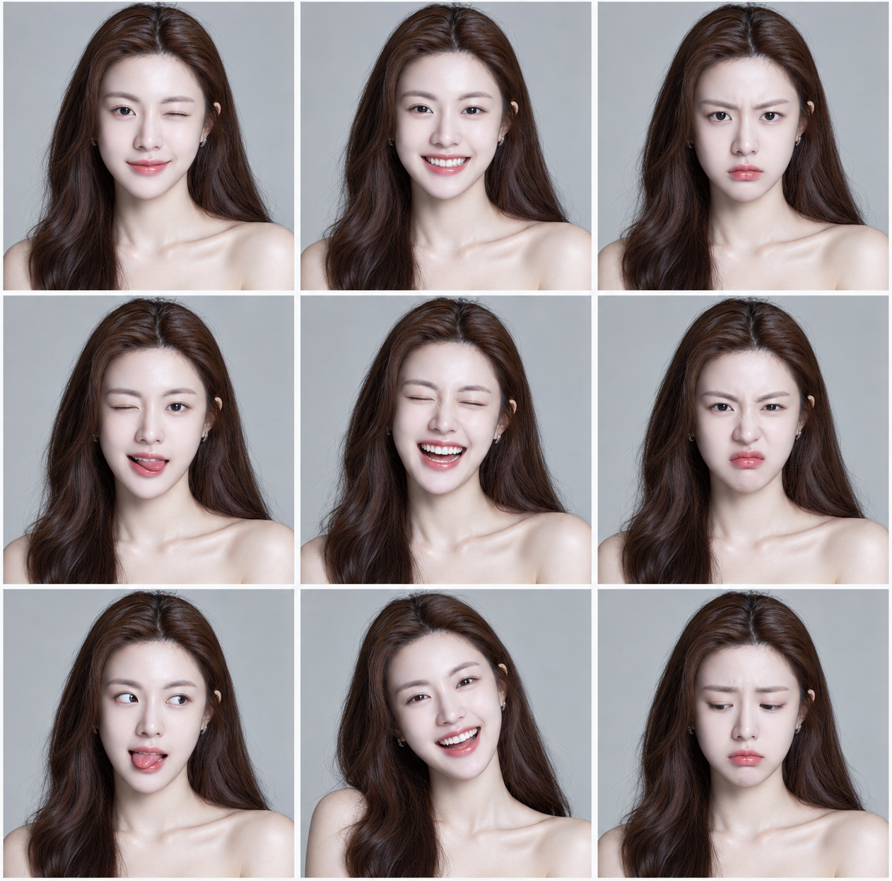 成年女性九宫格多表情肖像表 — AI image creation
