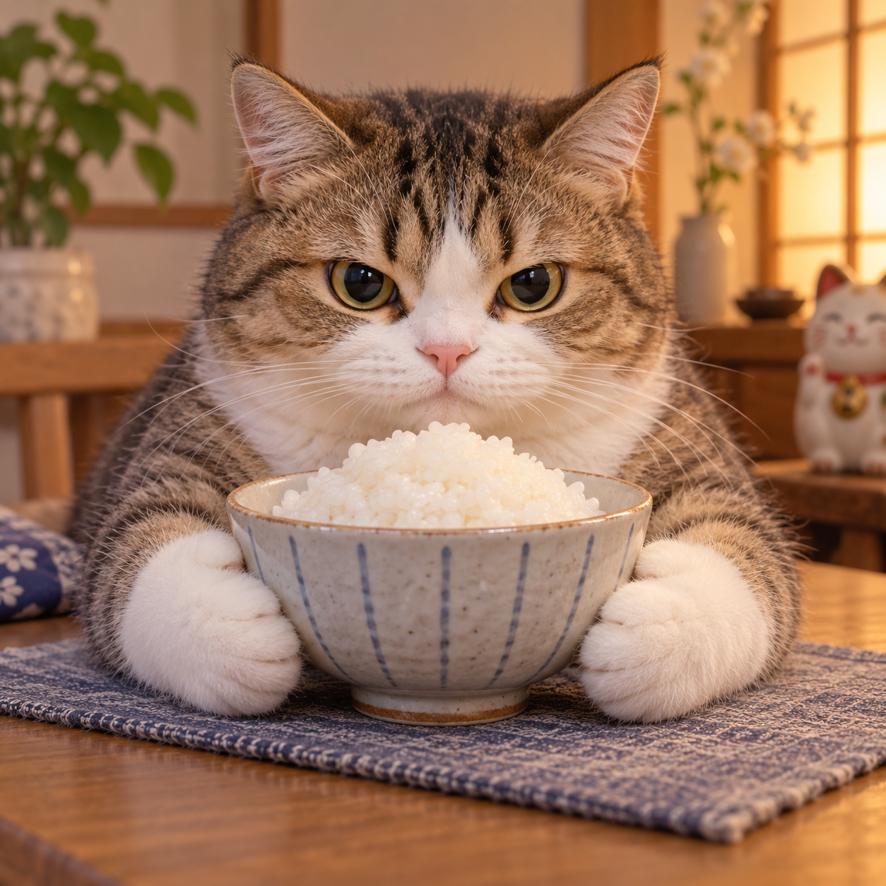 呆萌小猫小心翼翼护住碗里的白米饭 — AI image creation