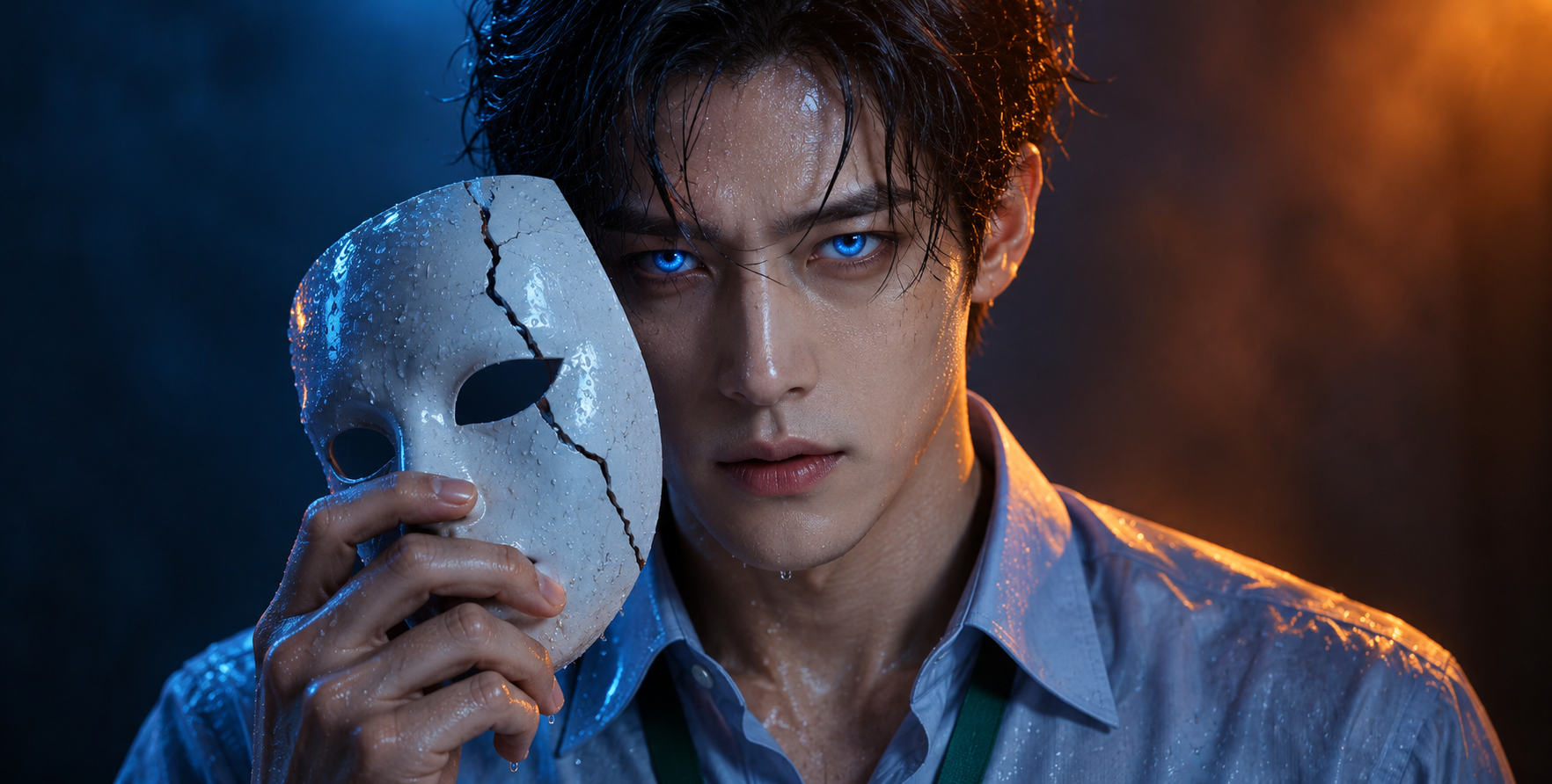 水珠与裂痕面具的成年男子电影肖像 — AI image creation