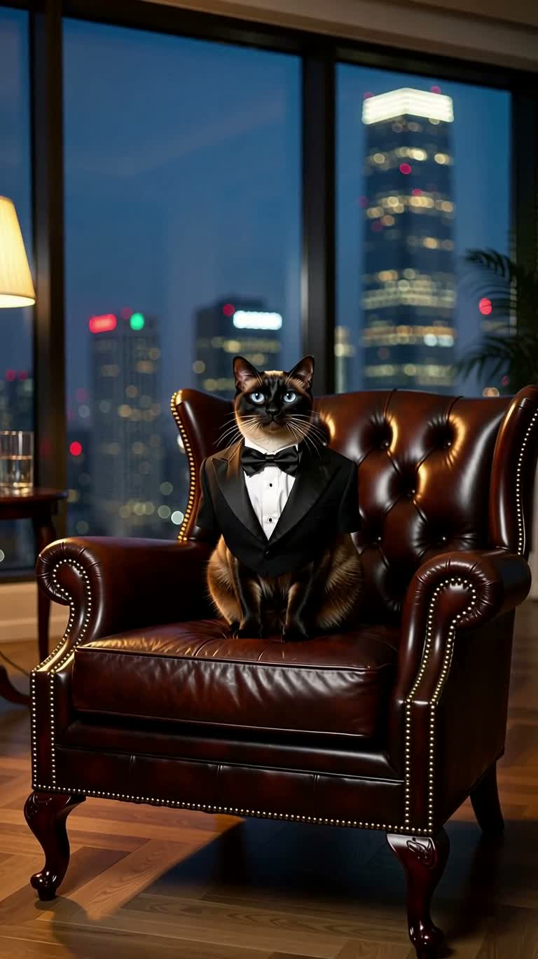 Mèo Xiêm mặc vest trong thành phố neon — AI video creation