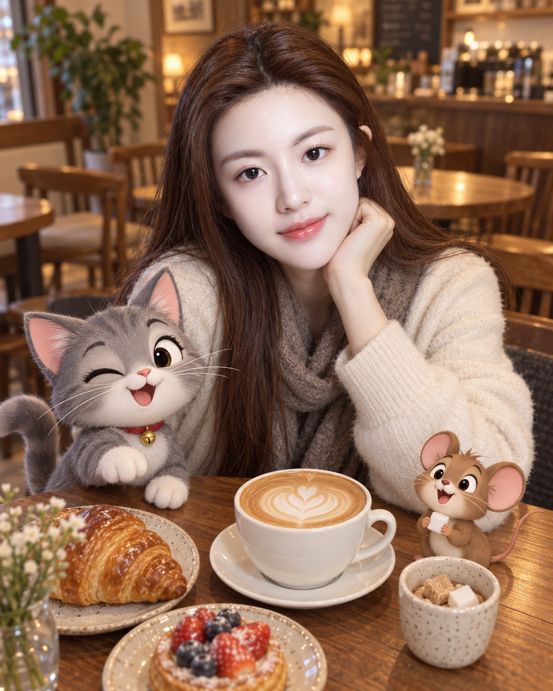 成年女性与原创猫鼠伙伴的咖啡馆自拍 — AI image creation