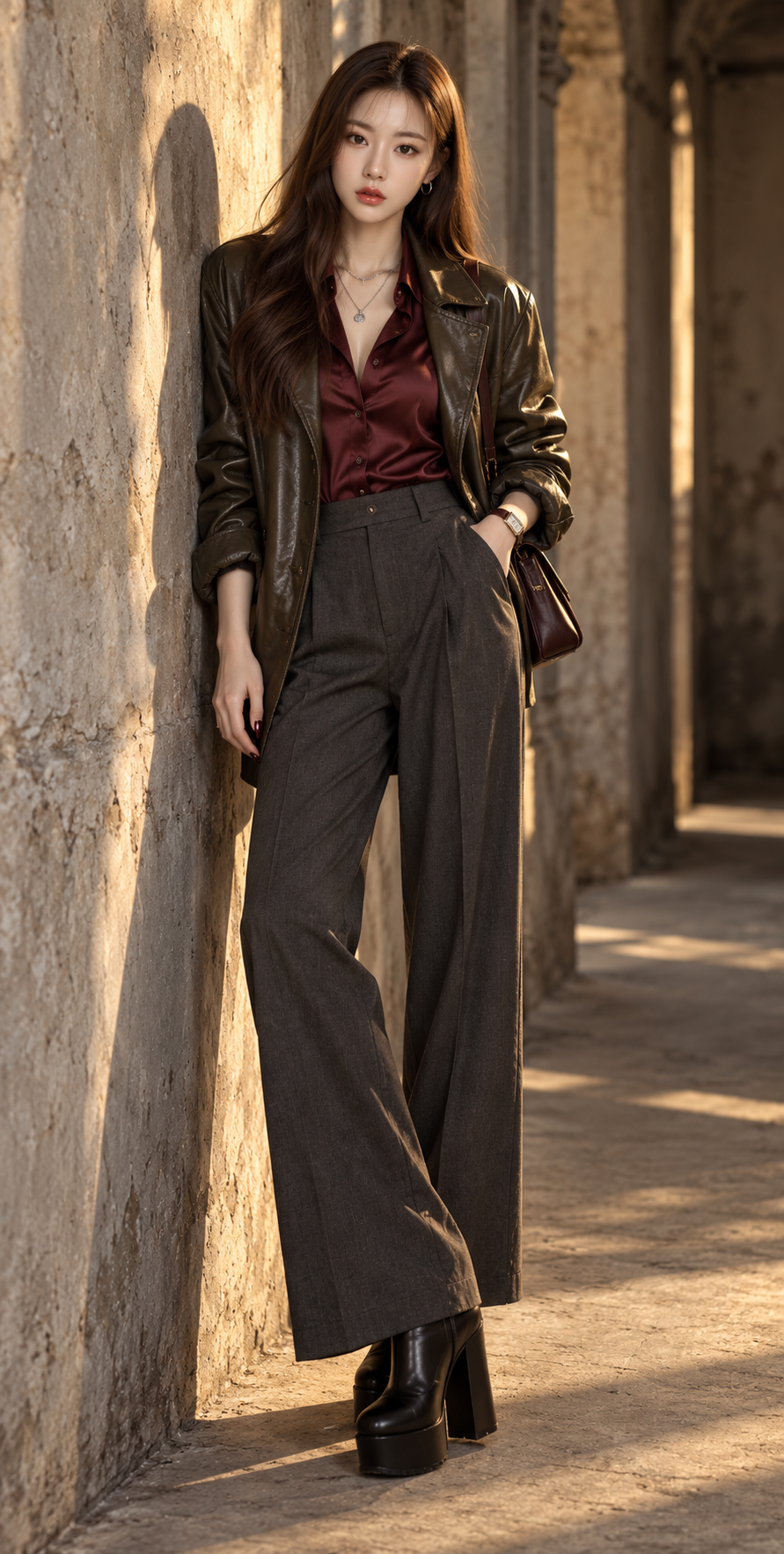 Hyperrealistic Fashion Portrait in a Retro Concrete Corridor — AI image prompt