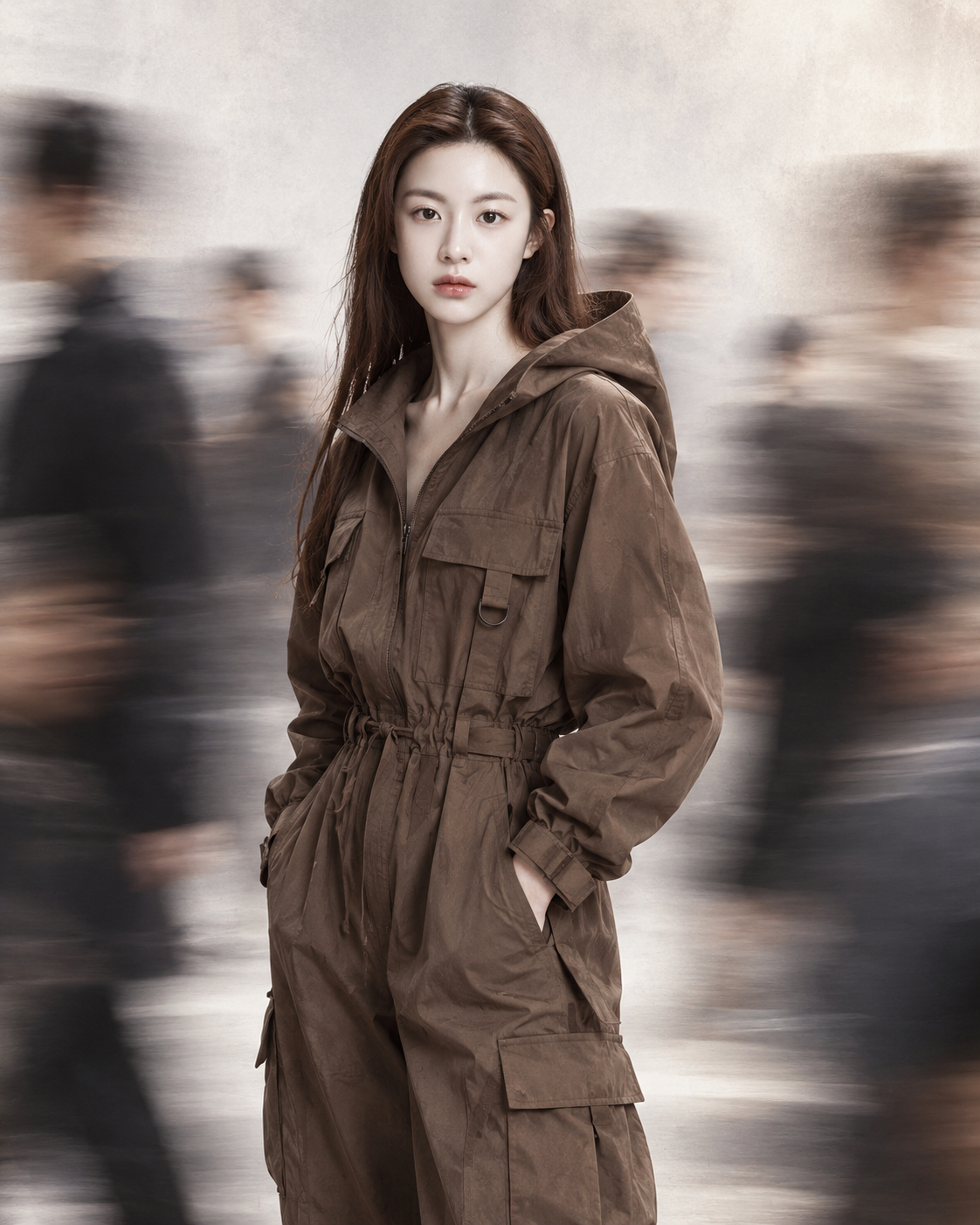 动静对峙的棕色连帽高定肖像 — AI image creation