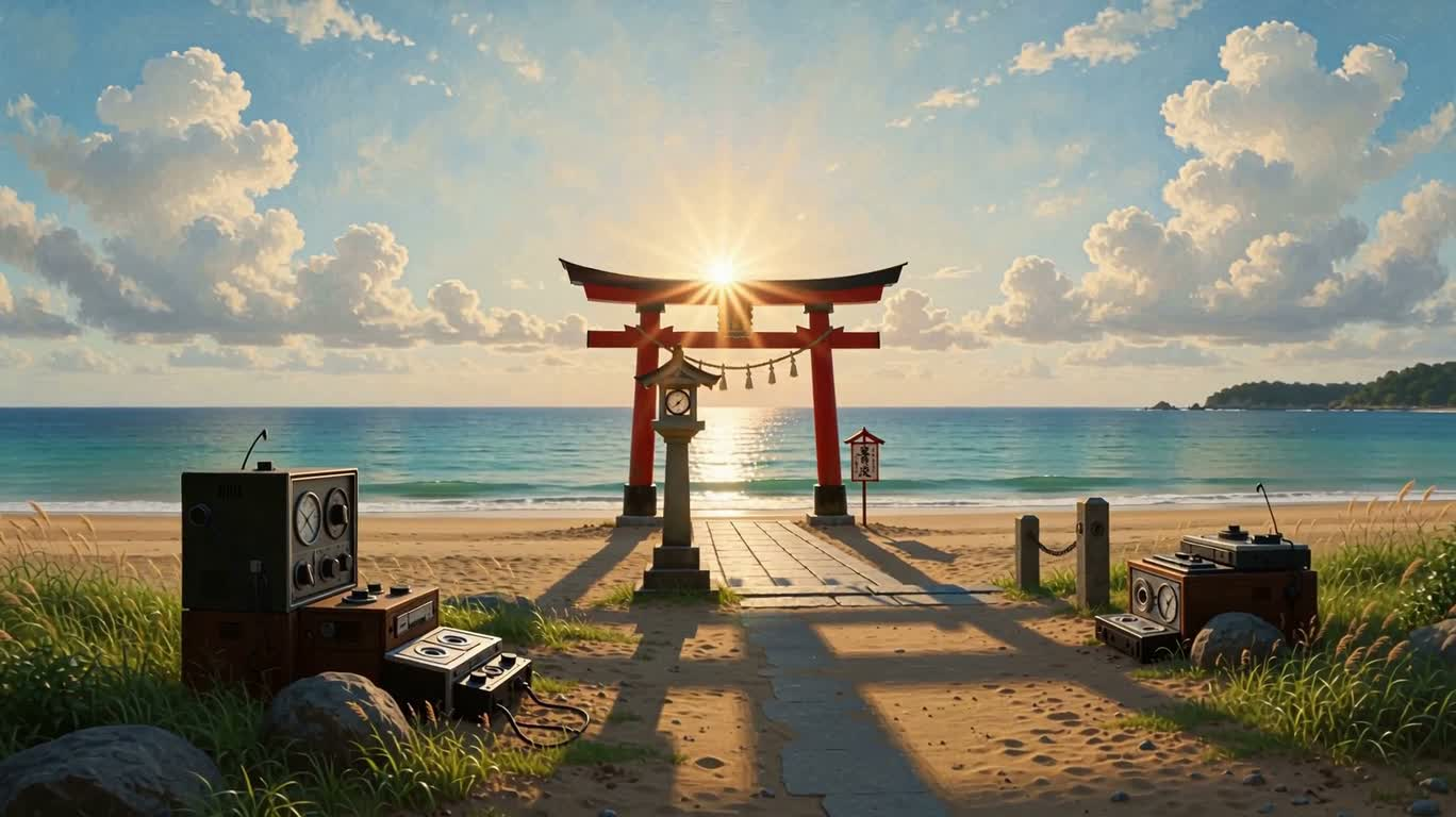 海岸上的快乐复古鸟居 — AI video creation