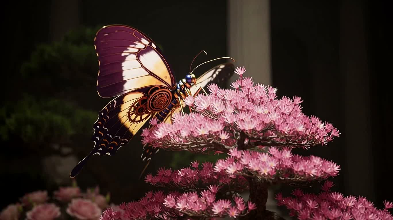 スチームパンクの蝶とピンクの鉢植えの幻想