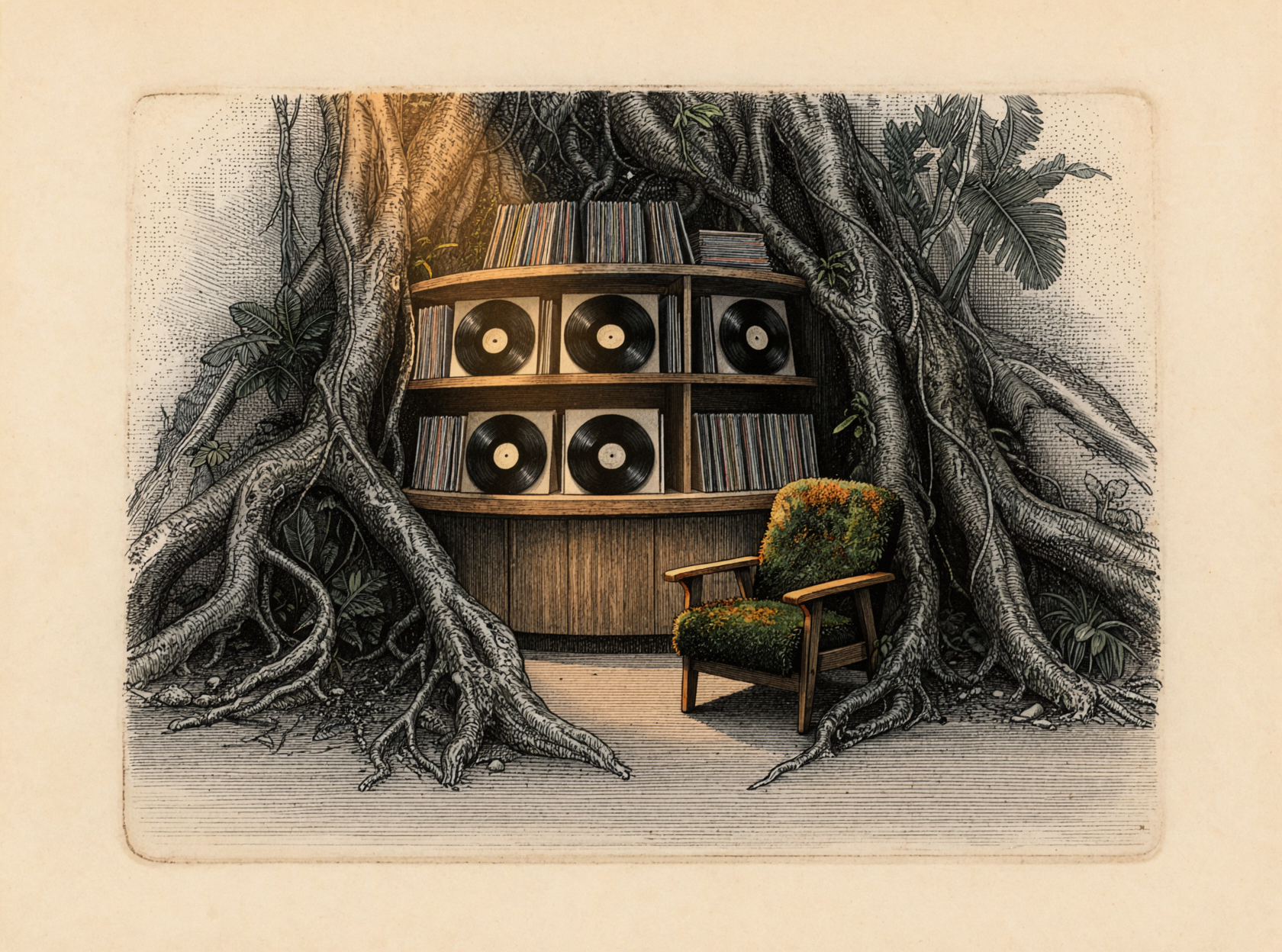 Disquaire de la forêt tropicale · Gravure sur plaque de plomb — AI image creation