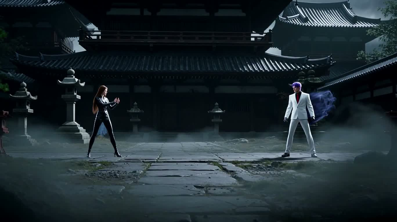 雾庭决战:黑衣女战士对阵紫发男子 — AI video creation