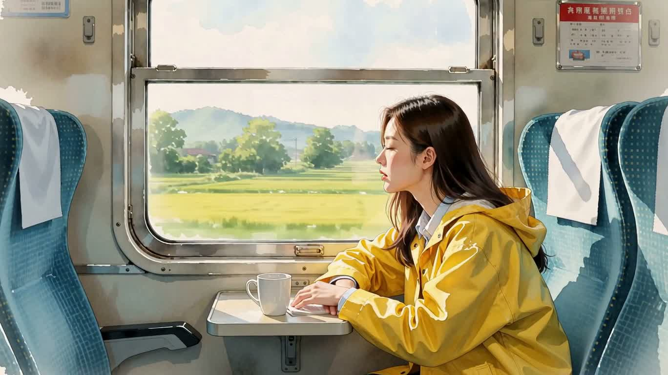 雨窗列车中的水彩通勤者 — AI video creation