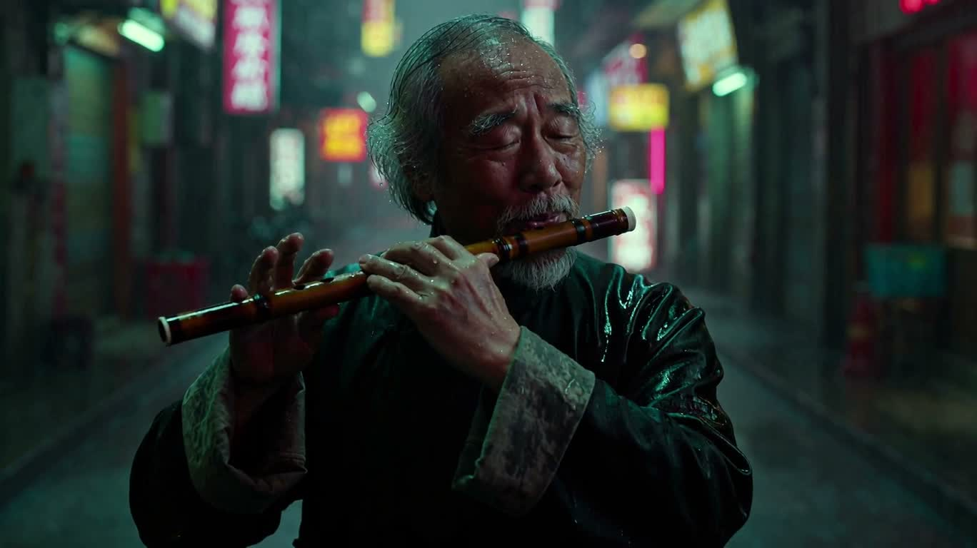 Vieil homme à la flûte de bambou dans une ruelle sous la pluie néon — AI video creation