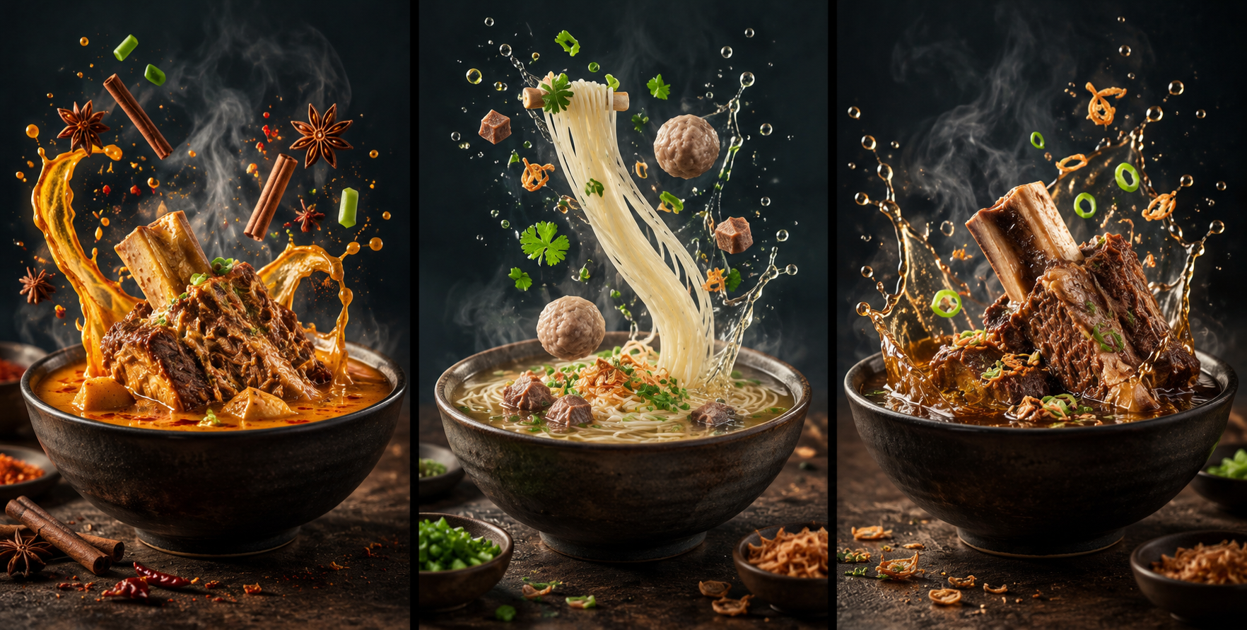 三款热汤飞溅的深色影棚美食三联画 — AI image creation