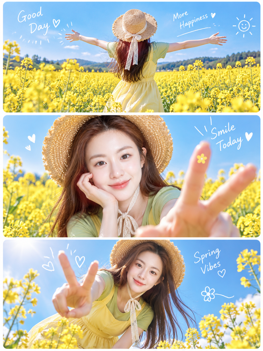 成年女性的春日花田三格拼贴 — AI image creation