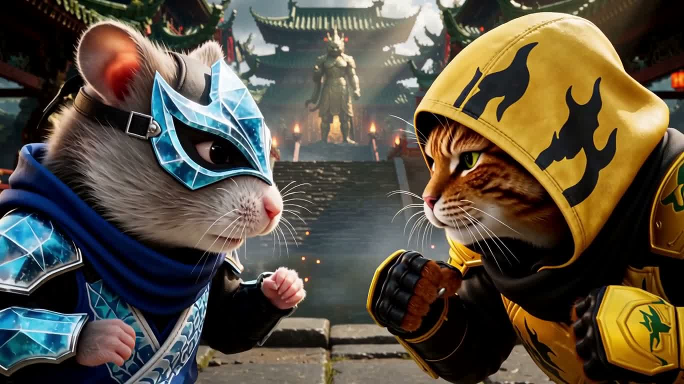 Hamster de givre contre chat au motif de scorpion — AI video creation
