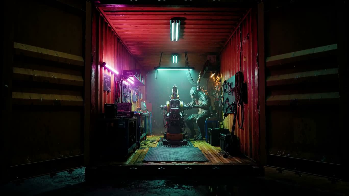 Xưởng neon Cthulhu trong container — AI video creation