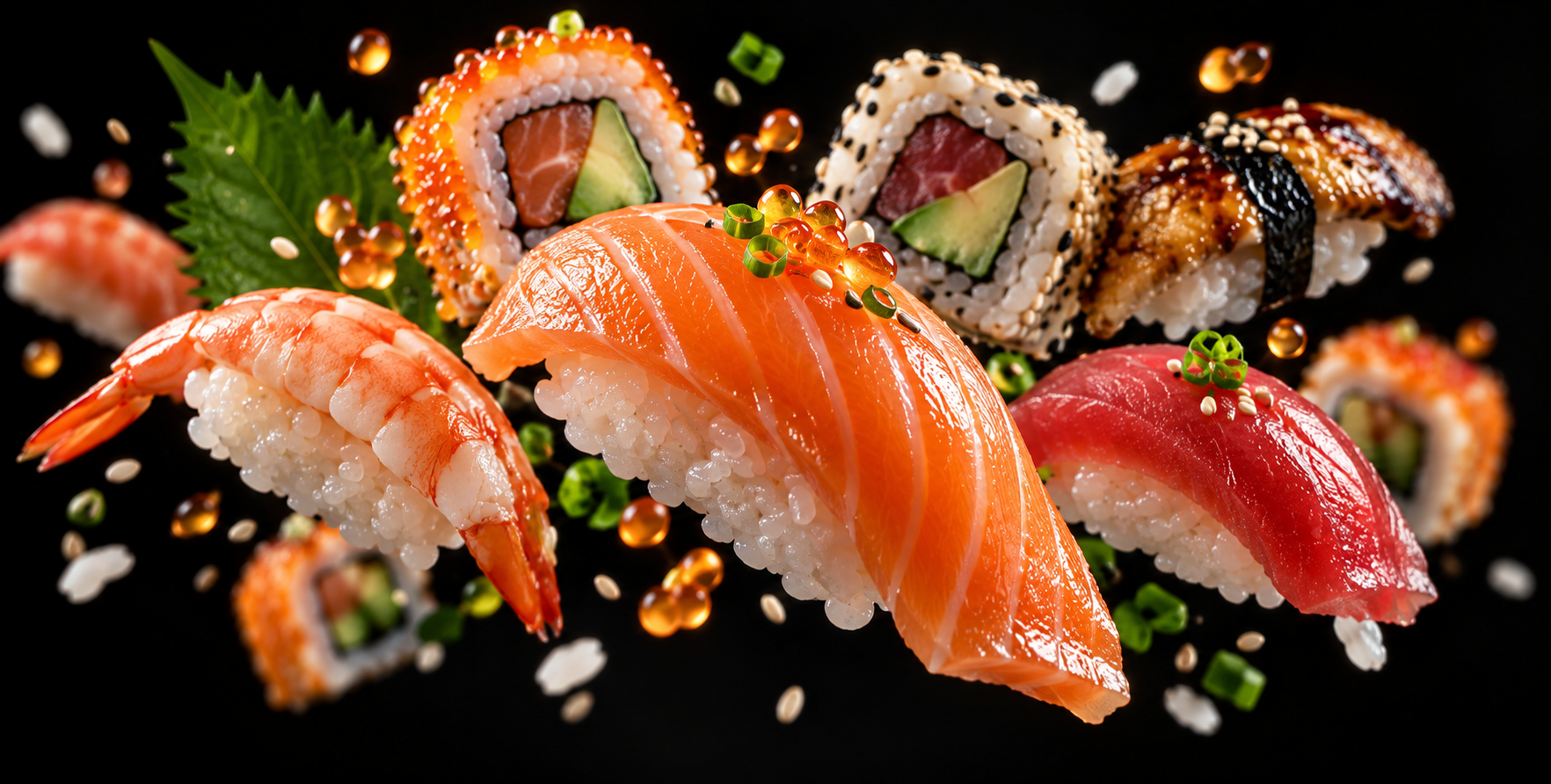 검은 배경의 극적인 조명 아래 역동적인 초밥 음식 포스터