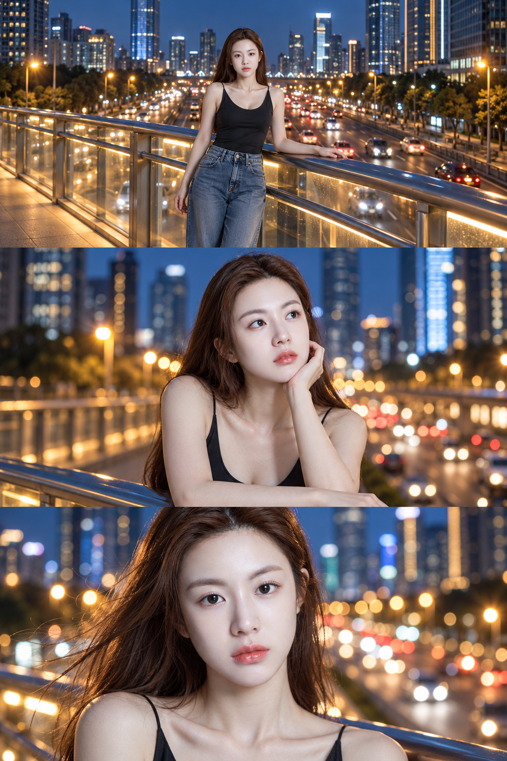 都市夜桥上的电影感三联画成年肖像 — AI image creation
