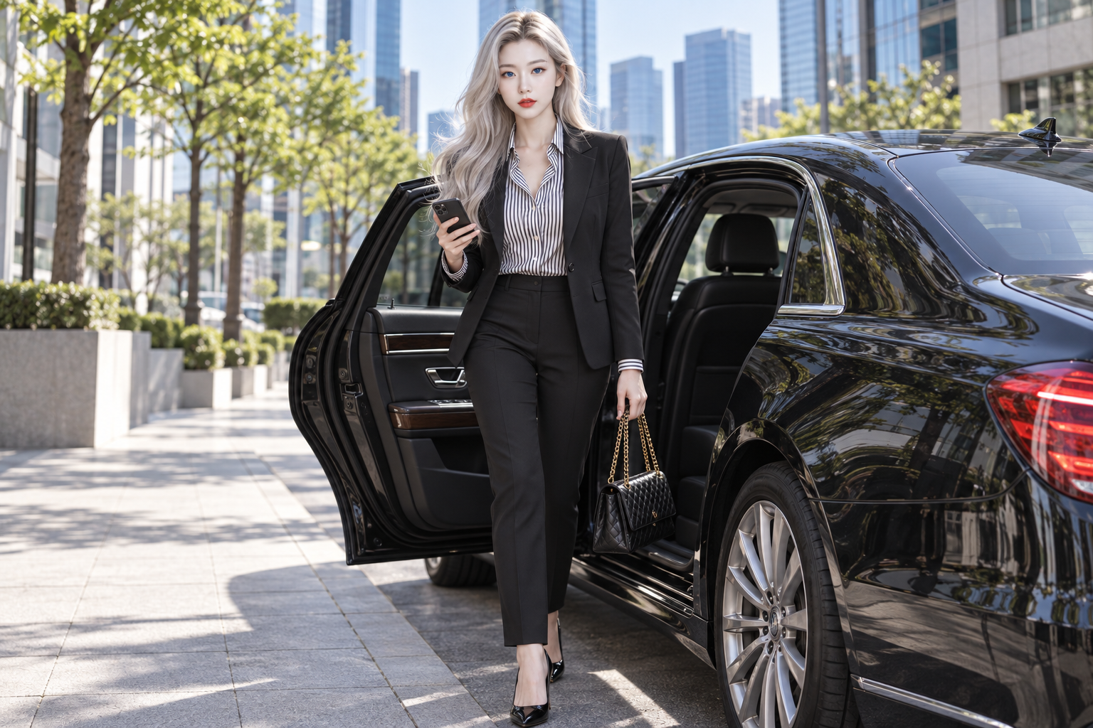 银白长发黑西装职场女性城市街拍 — AI image creation
