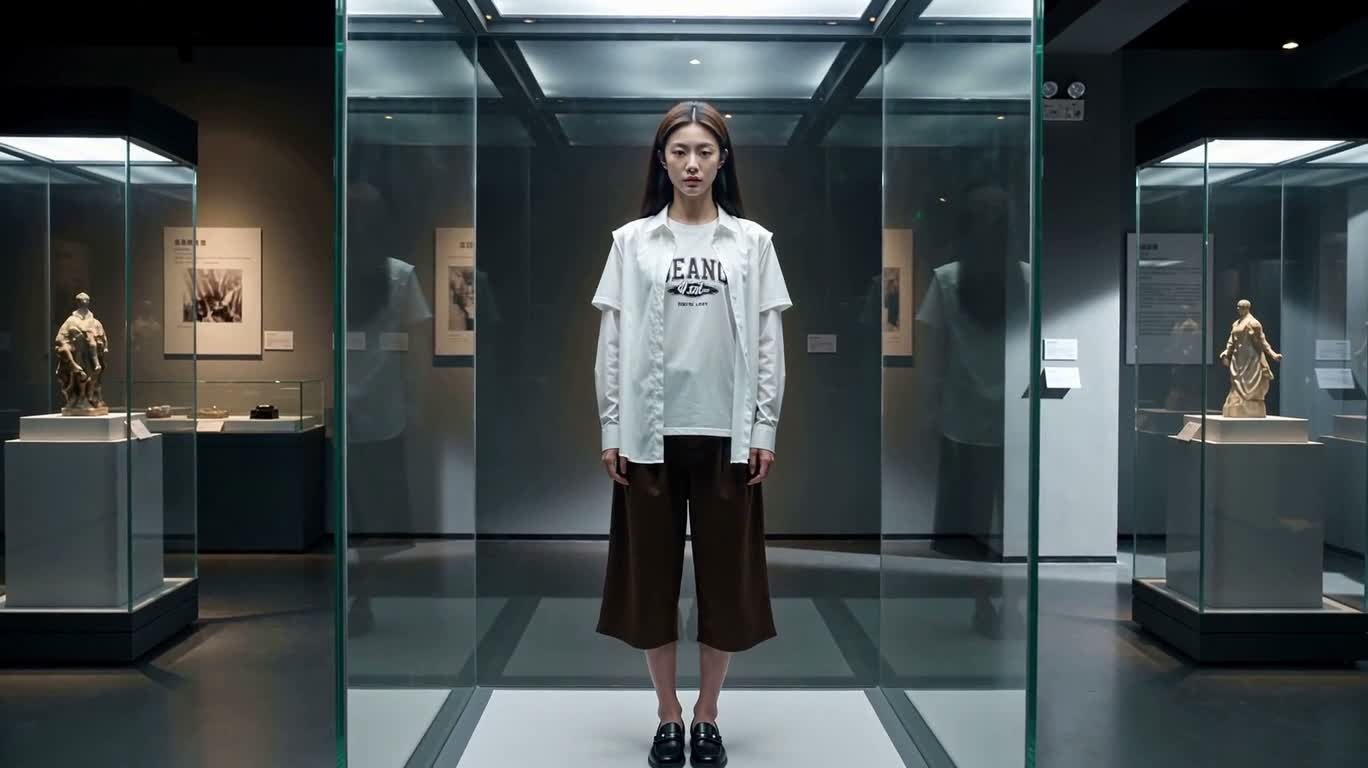 Jeune femme dans une vitrine de verre — AI video creation