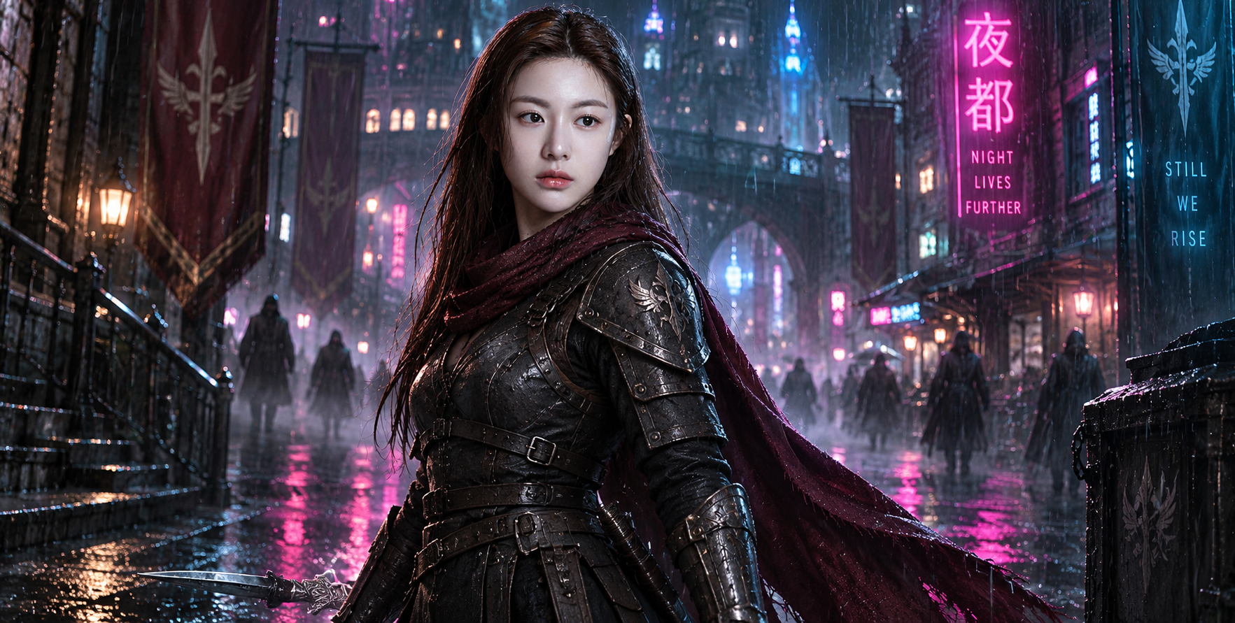 霓虹雨夜中持刀的冷酷女武士 — AI image creation