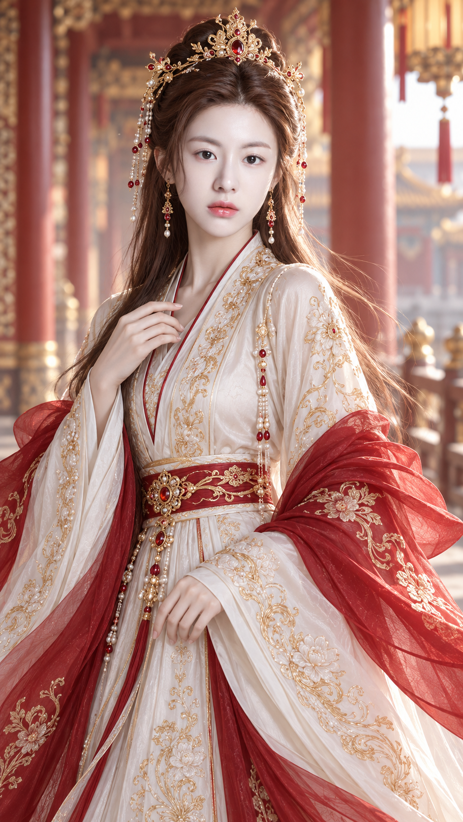 白金刺绣与红披帛的仙侠古装肖像 — AI image creation