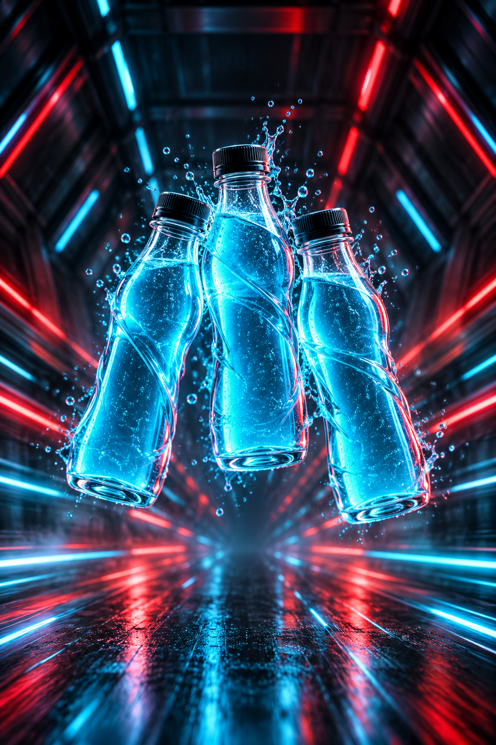 霓虹赛博隧道中的发光运动饮料 — AI image creation