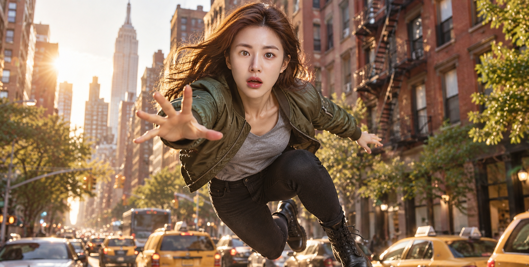 纽约街头凌空跳跃的惊愕少女 — AI image creation