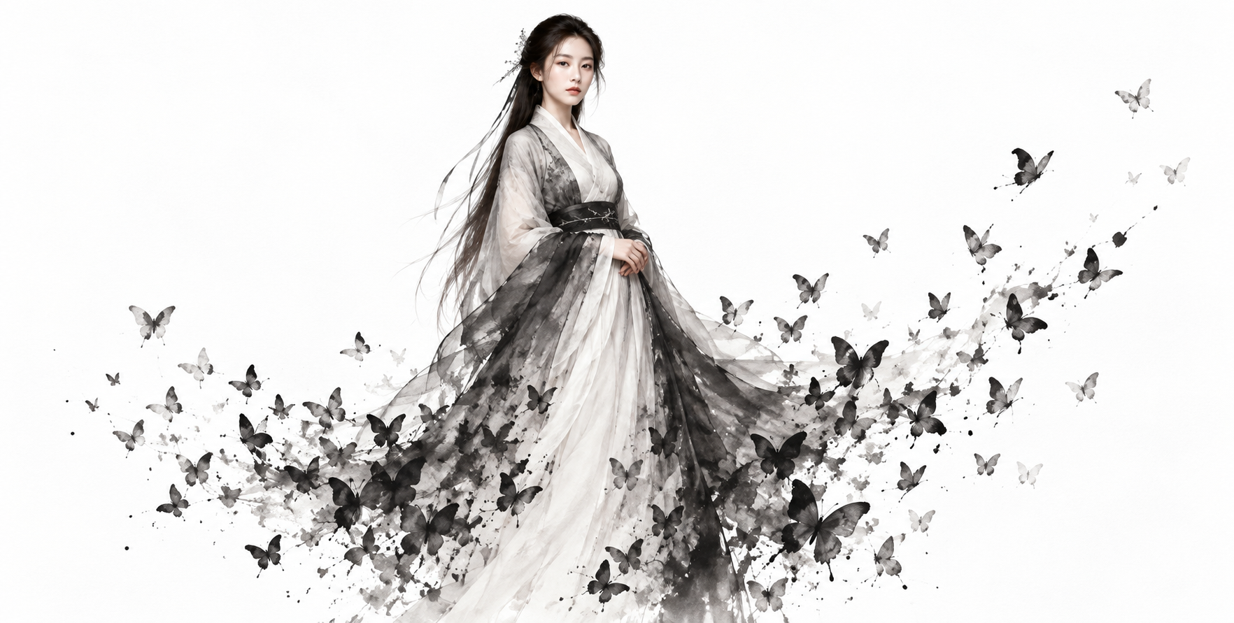 水墨蝴蝶化形的东方极简艺术海报 — AI image creation