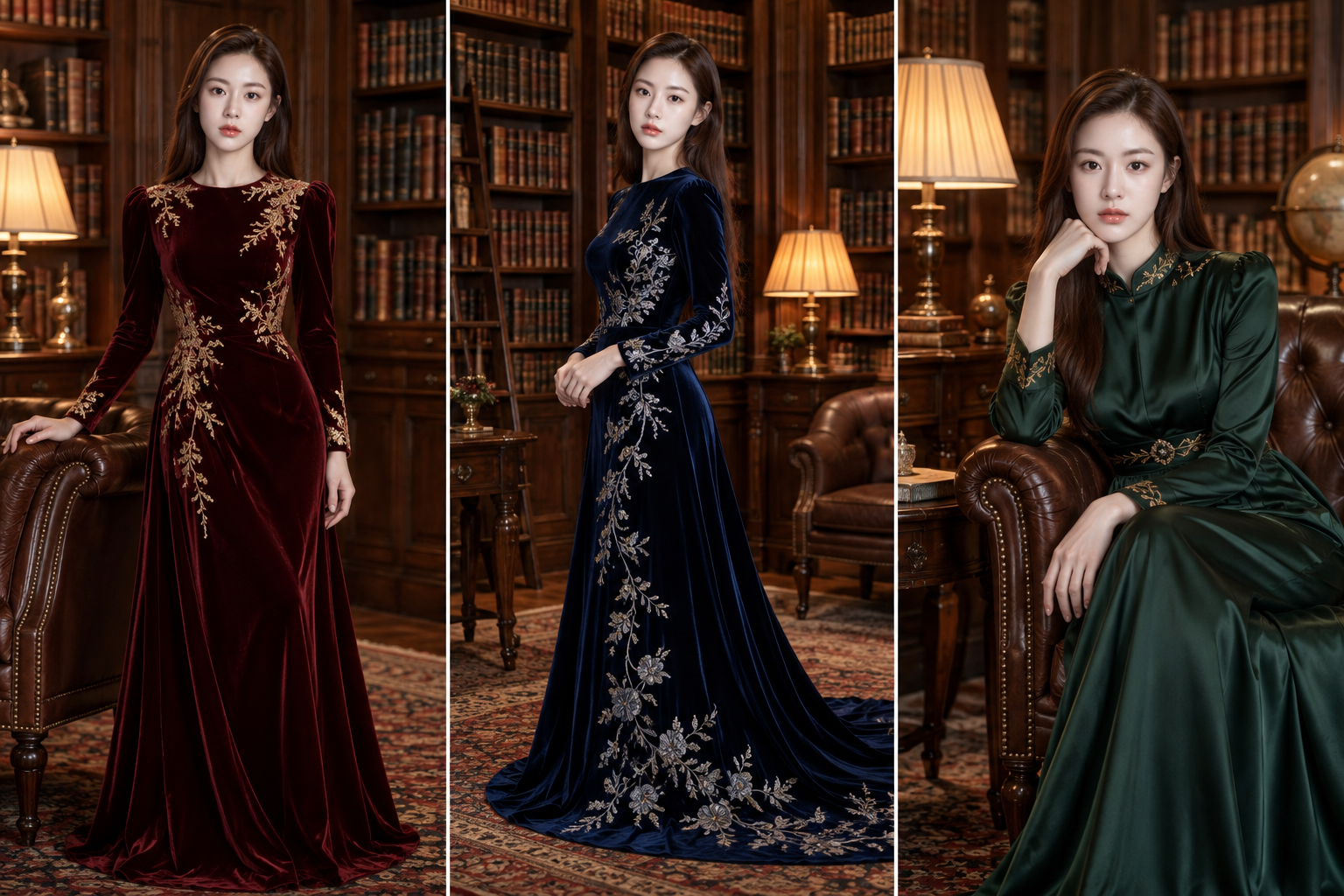 虚构成年女性的复古图书馆礼服造型组图 — AI image creation