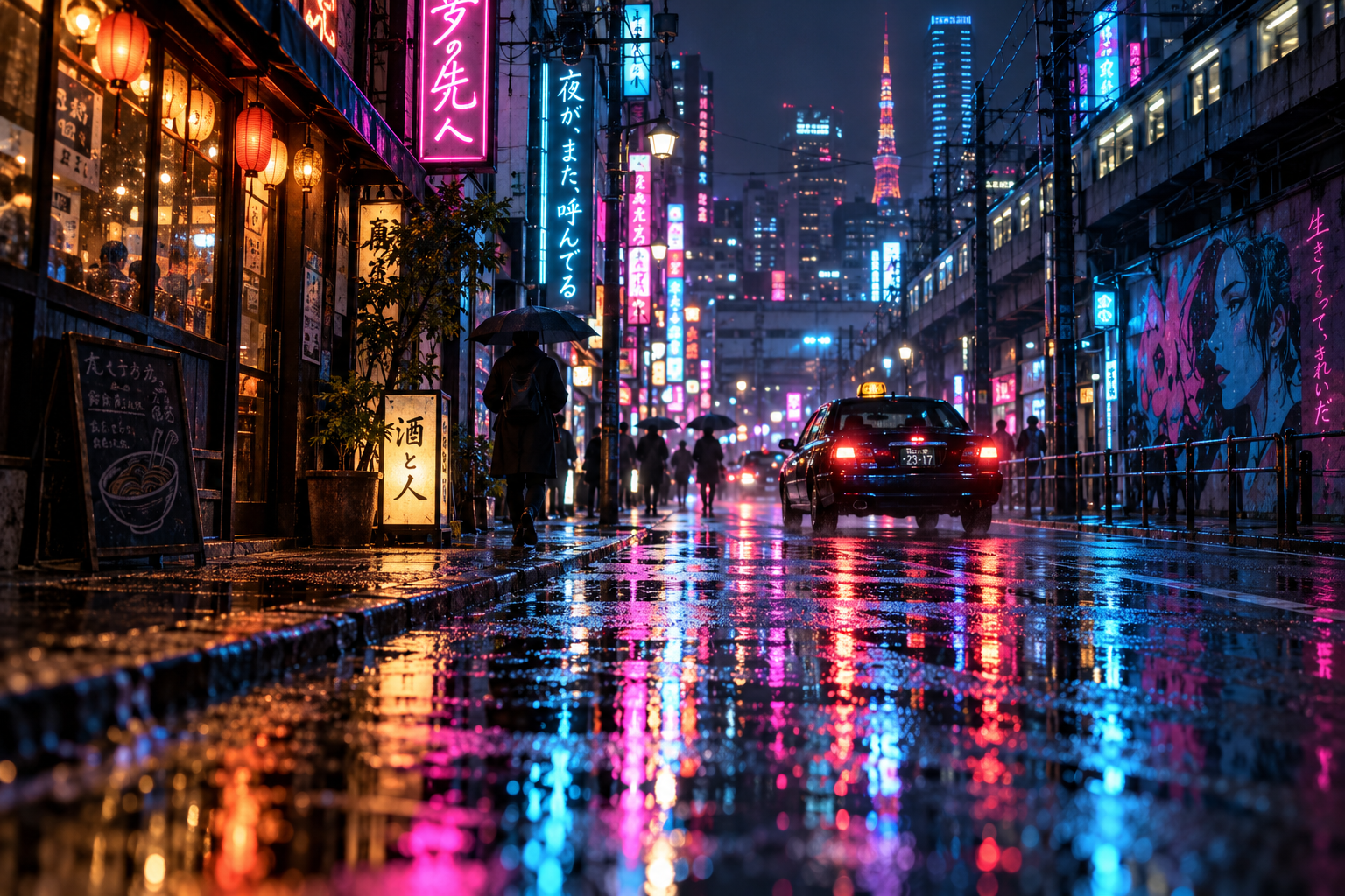 赛博朋克风东京雨夜霓虹街道 — AI image creation