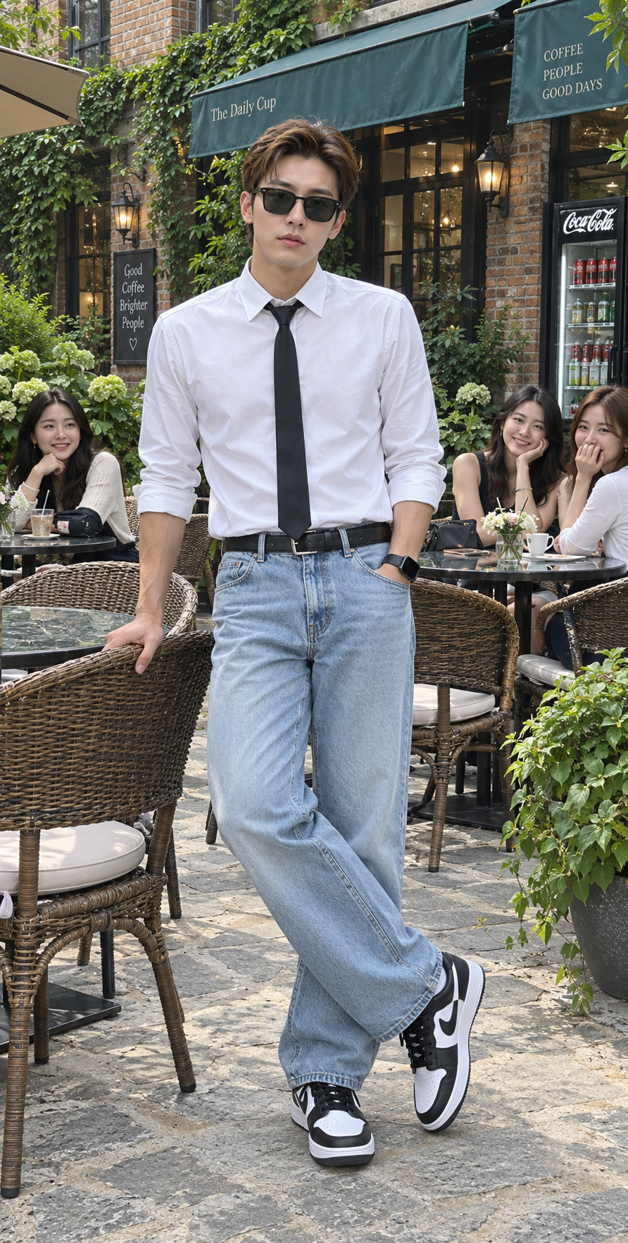 阳光户外咖啡馆白衬衫印度型男超写实全身照 — AI image creation