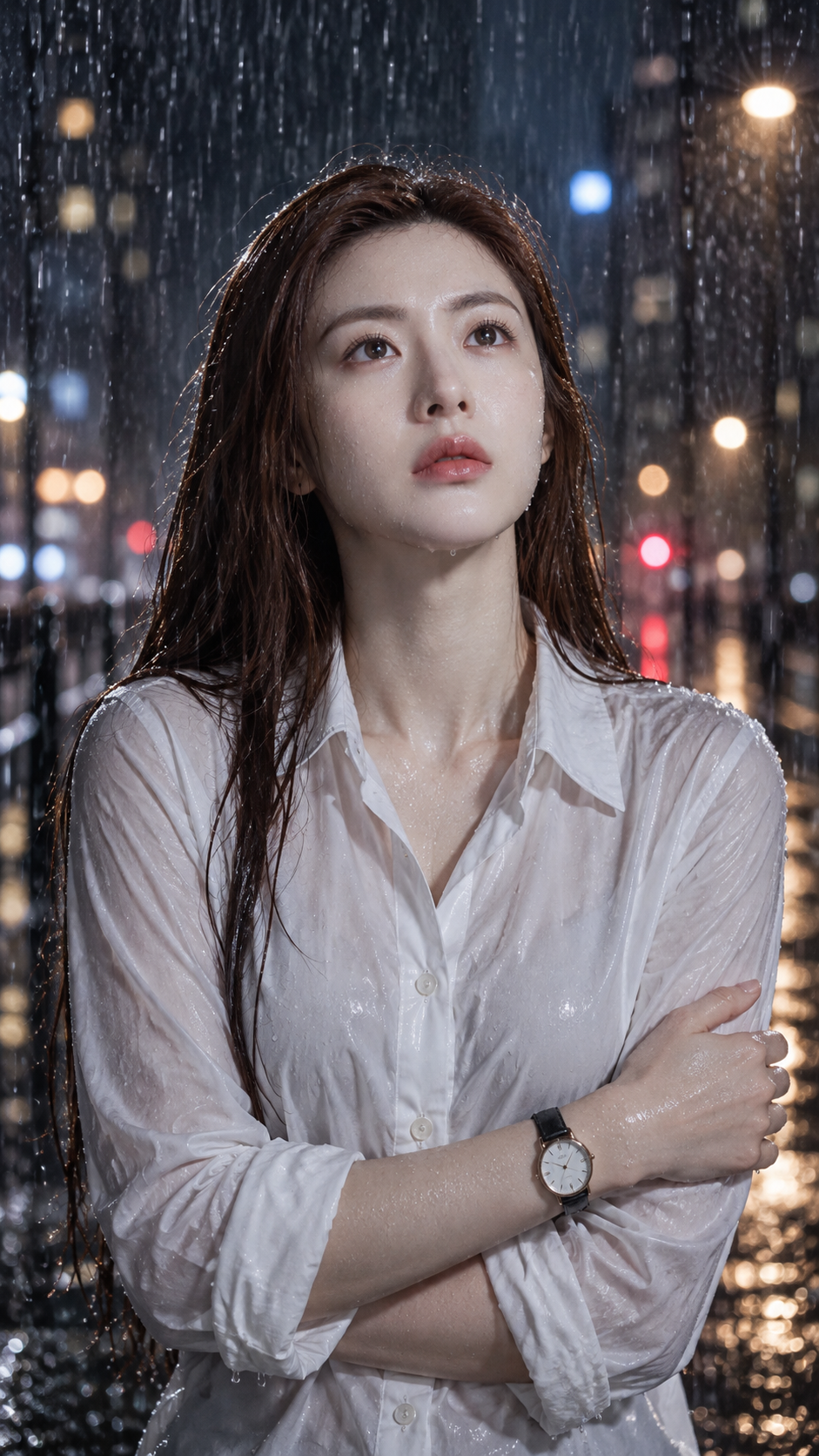비 오는 밤 도시에서 사색에 잠긴 성인 여성의 초상