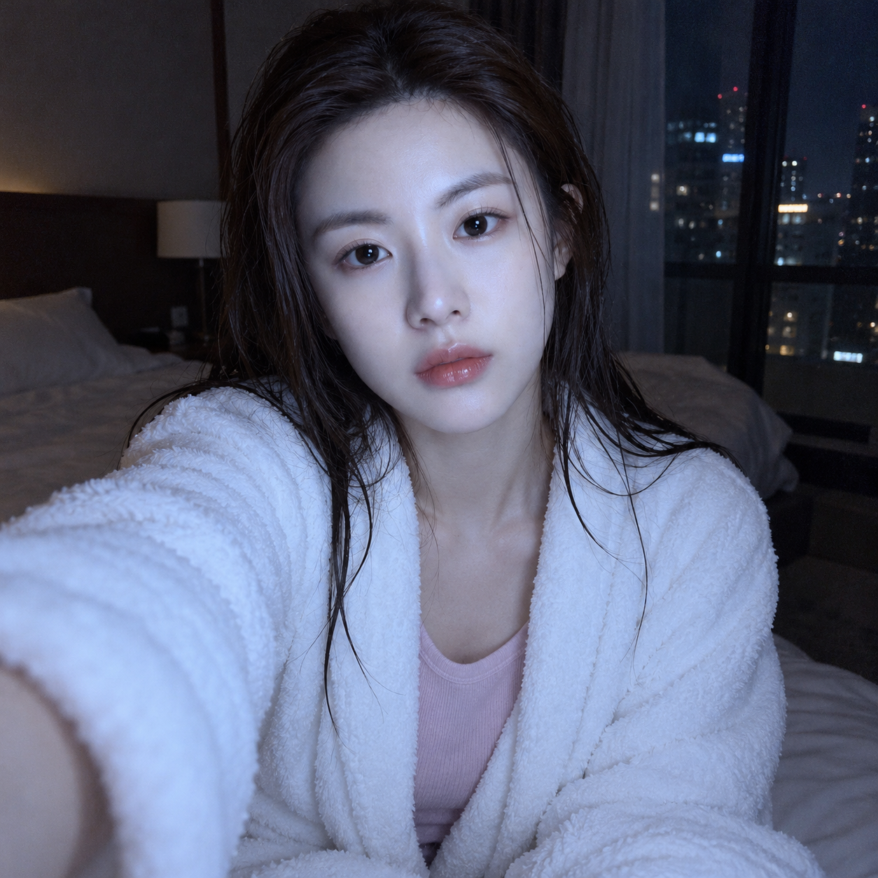 深夜蓝光：成年东亚女性浴袍自拍