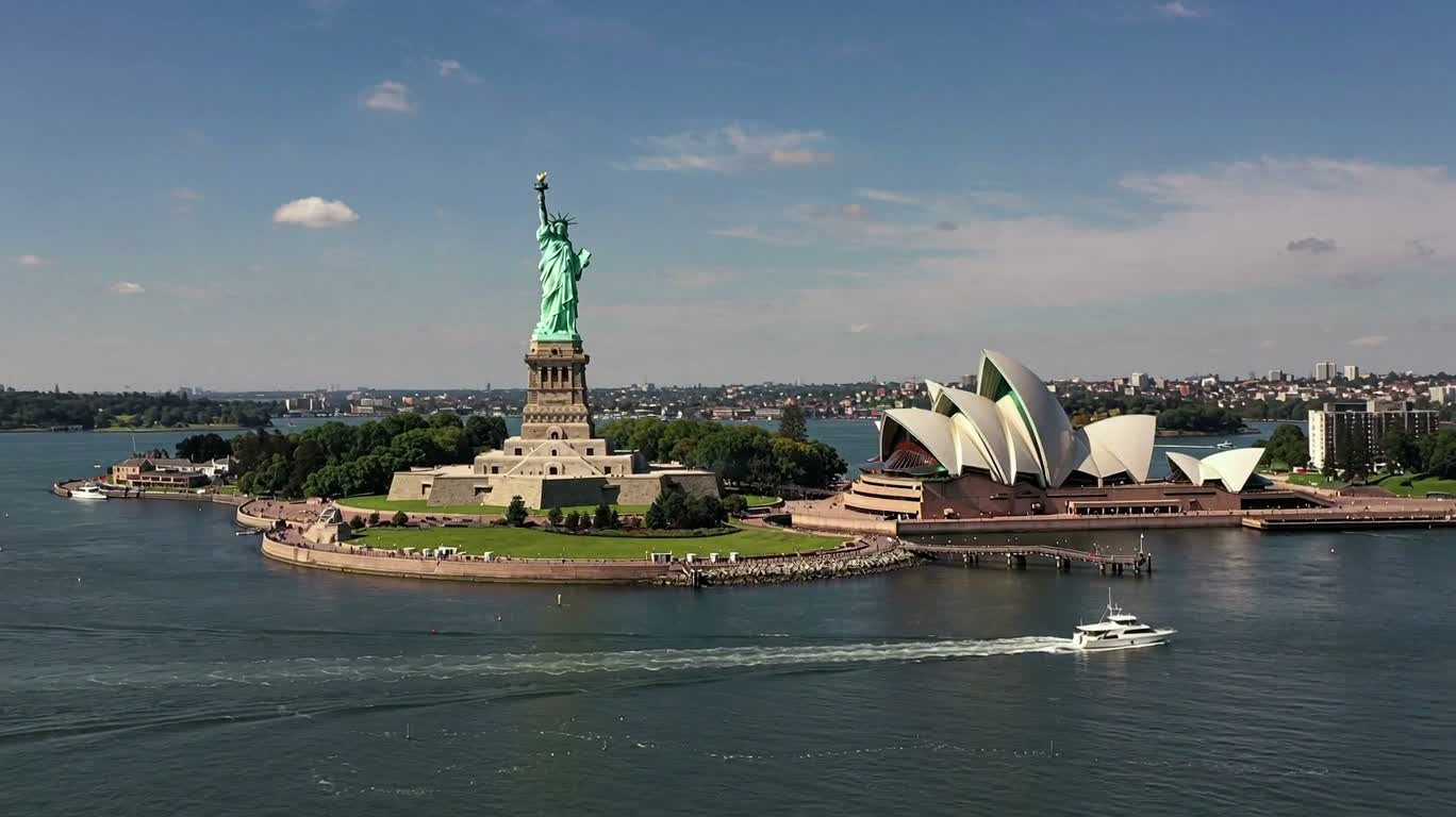Tượng Nữ thần Tự do và Nhà hát Opera Sydney đứng cạnh nhau, hình ảnh chân thực — AI video creation
