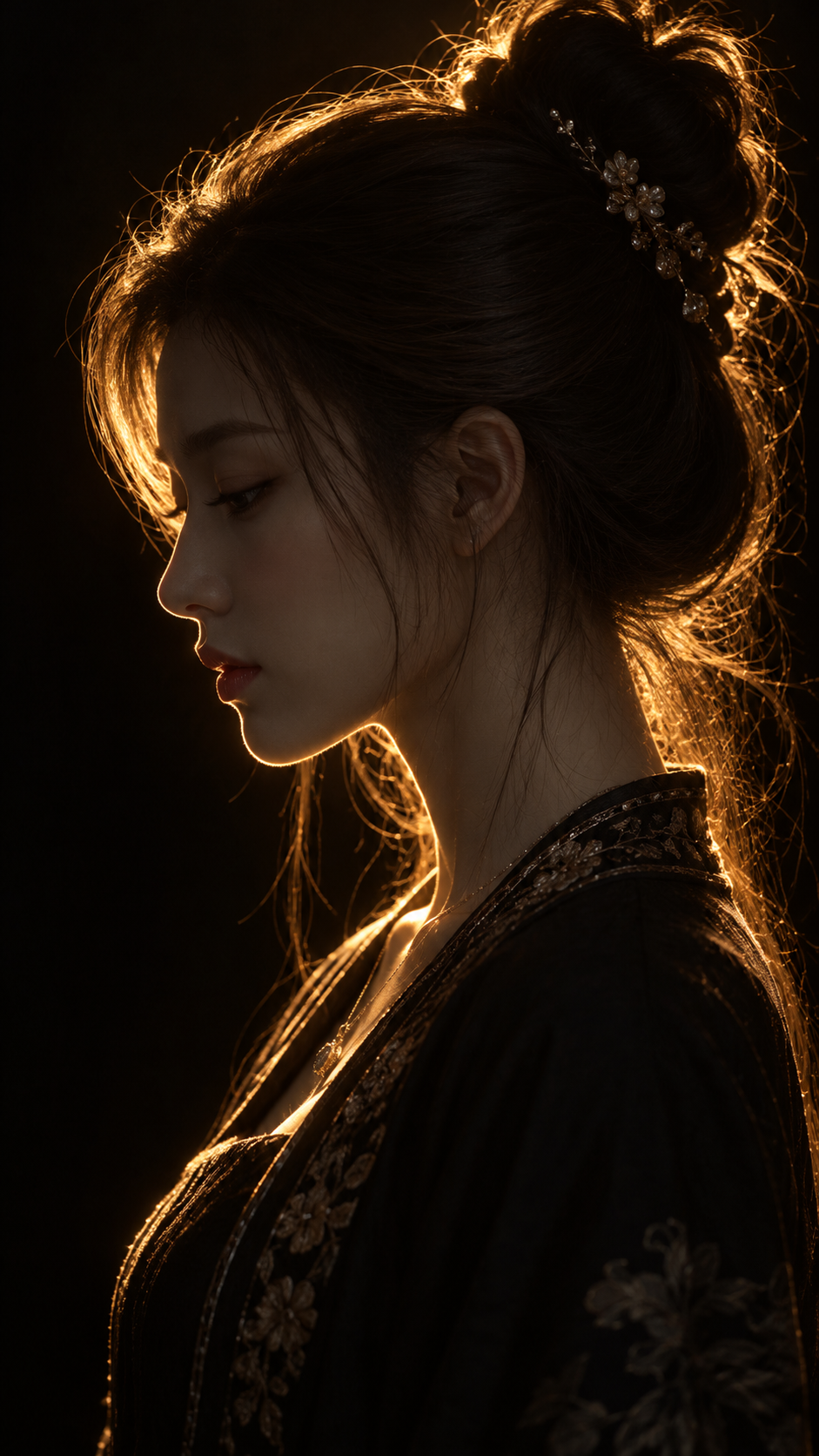 纯黑背景中的暖金侧颜轮廓光 — AI image creation
