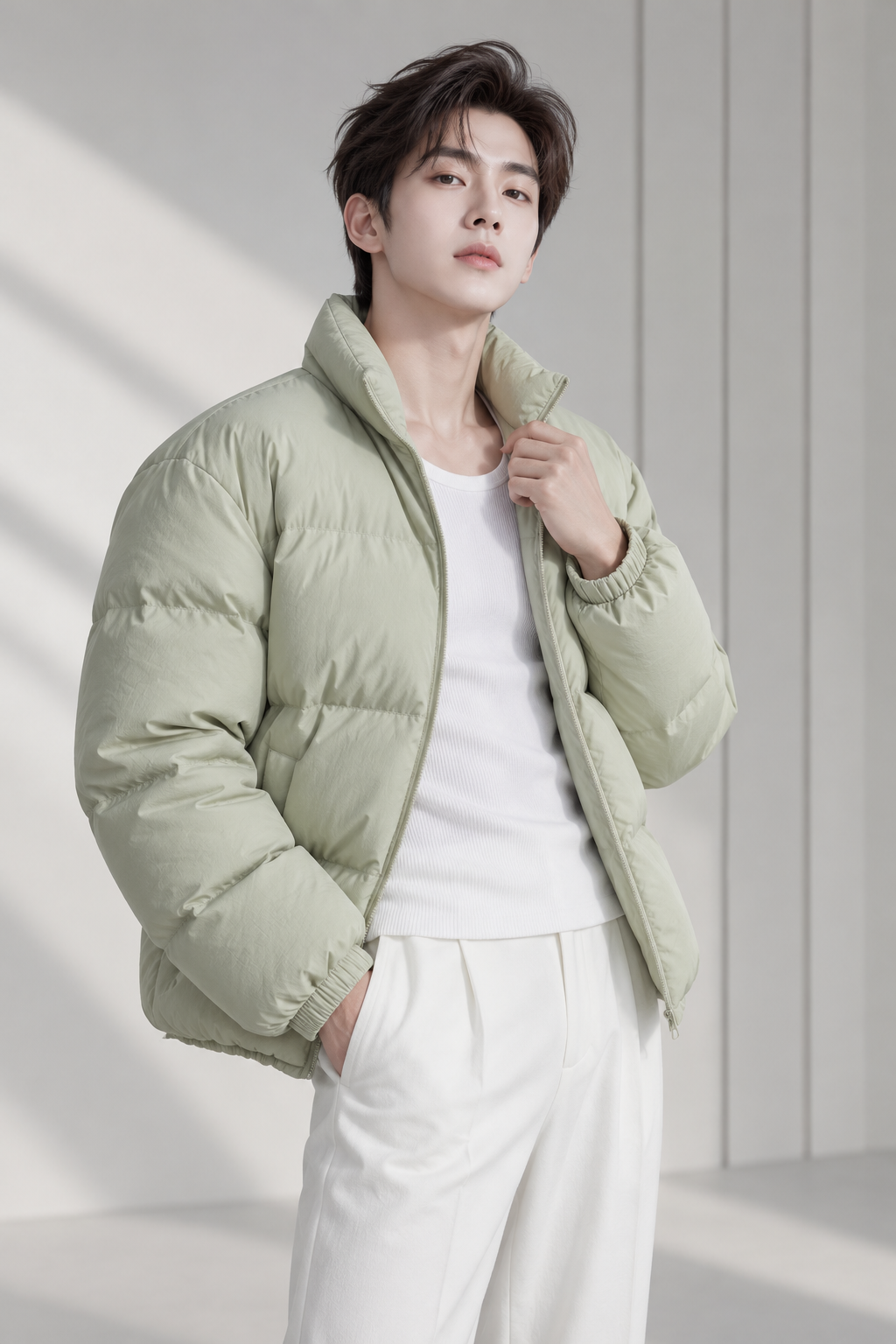 浅青绿羽绒夹克的极简棚拍男士肖像 — AI image creation