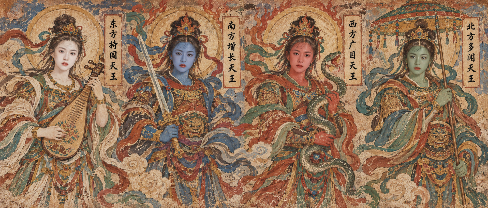 敦煌风格壁画中的四方天王 — AI image creation