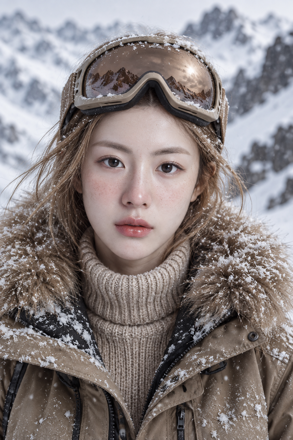 雪山冬装与护目镜的冷冽成年女性肖像 — AI image creation