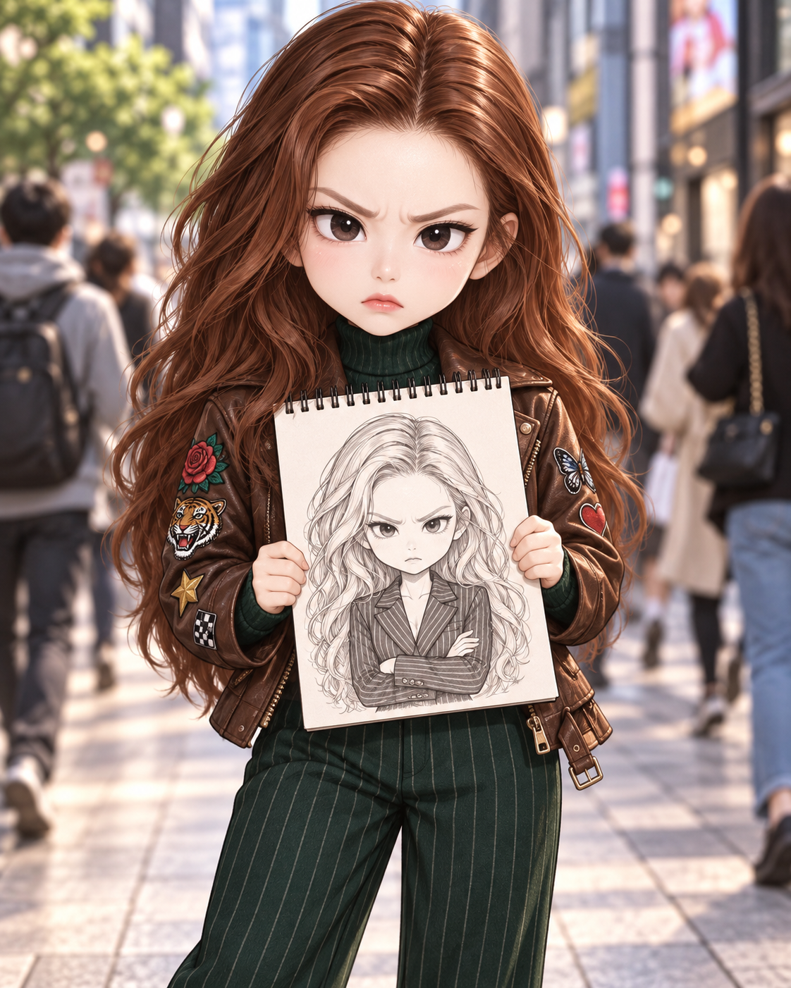 繁华街头手持素描本的愤怒Q版成年女性 — AI image creation