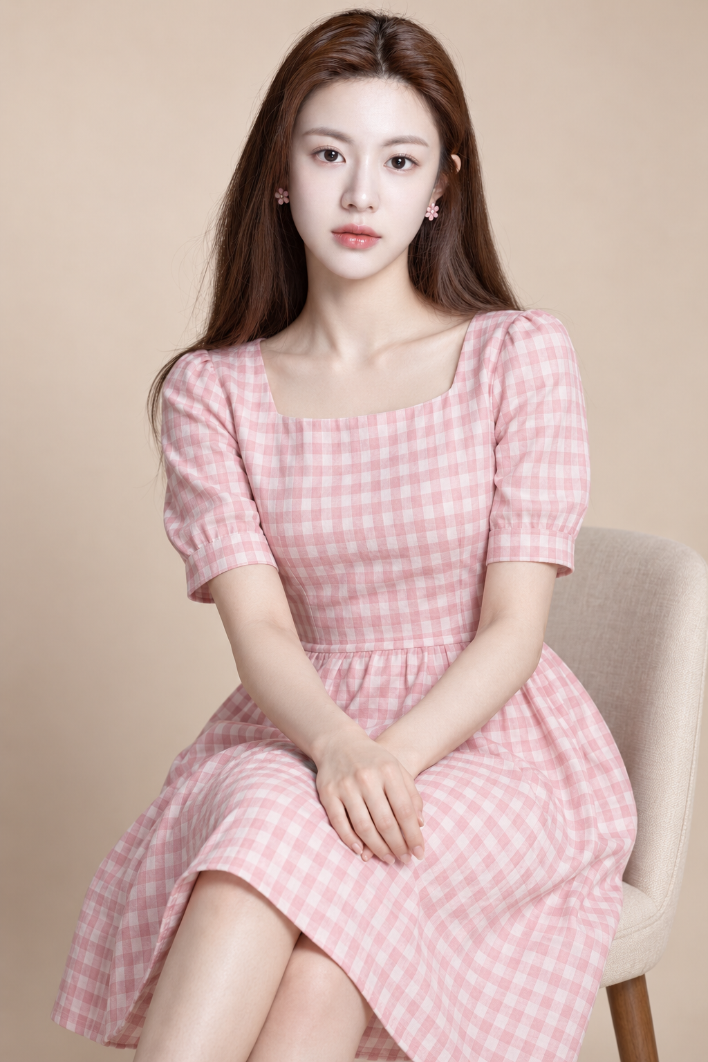 粉白格纹裙的成年女性时尚肖像 — AI image creation