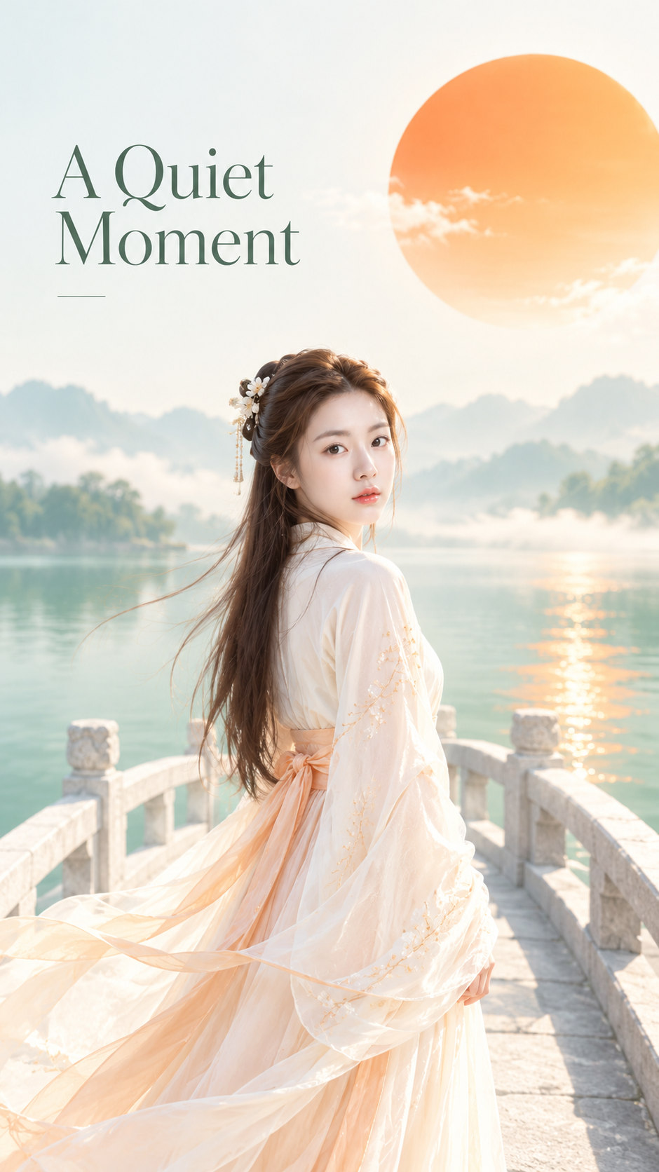 Eastern Zen Minimalist Arch Bridge with Woman Cover — AI image creation