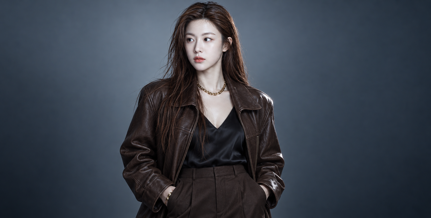 Leather Fashion Portrait in a Gray-Toned Studio — AI image prompt