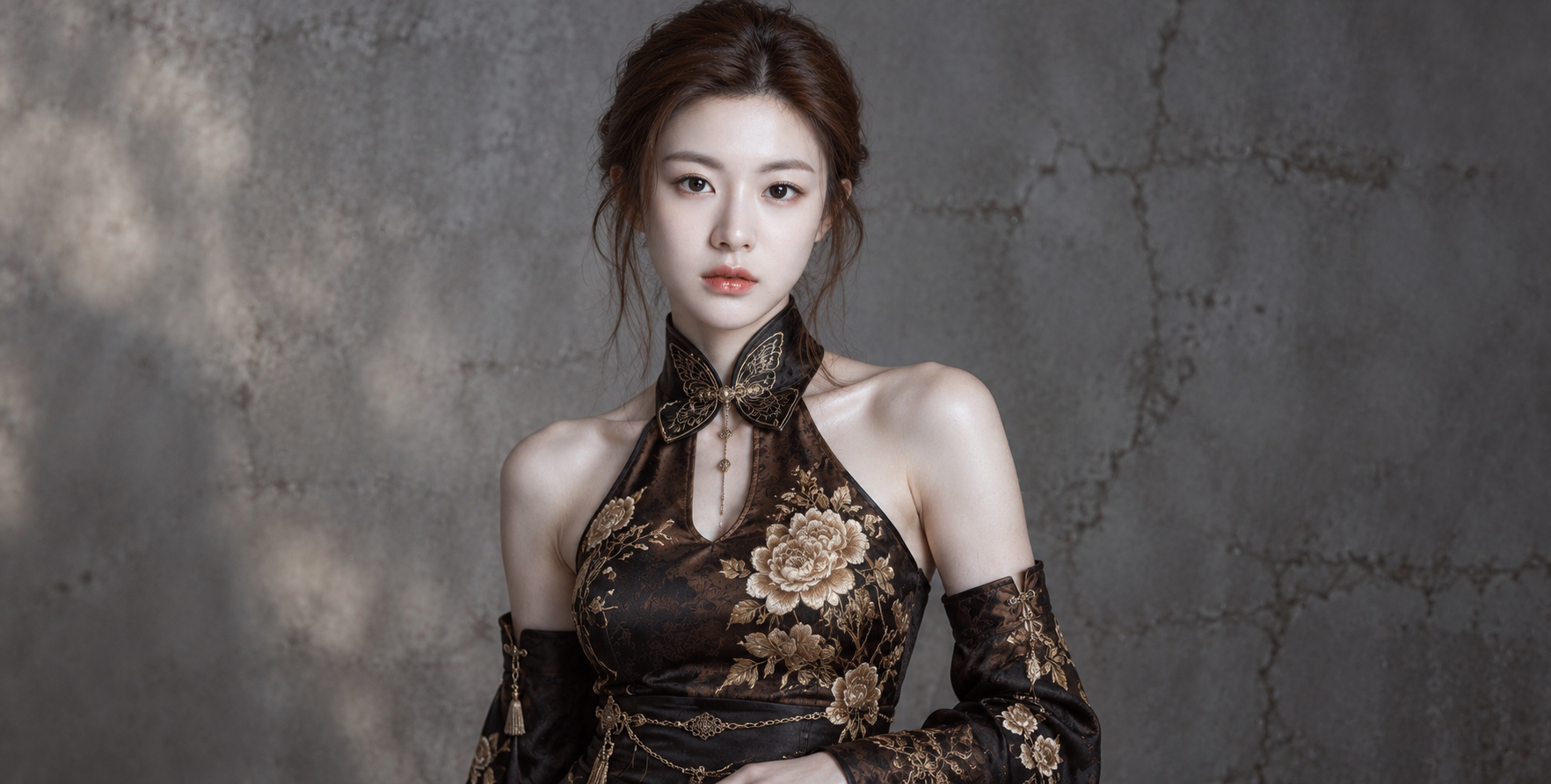 Golden Embroidered Peony Neo-Chinese Black and Brown Fashion Portrait — AI image prompt