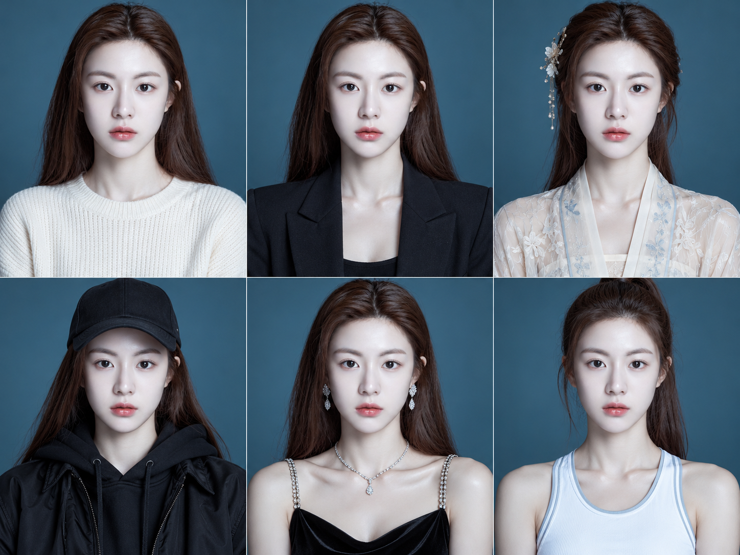 동일 인물의 여섯 가지 스타일 패션 비교 그리드