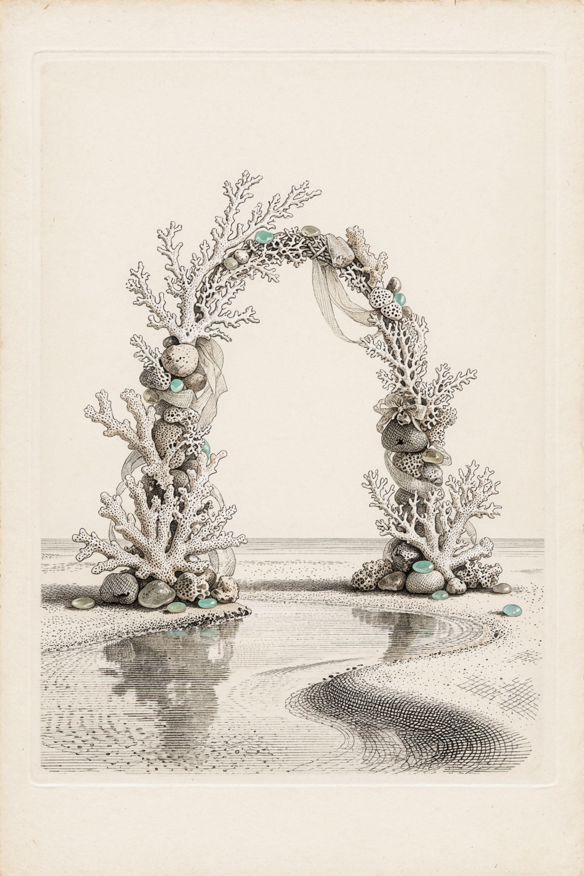 Coral Wedding Arch · Lead Plate Etching — AI image creation