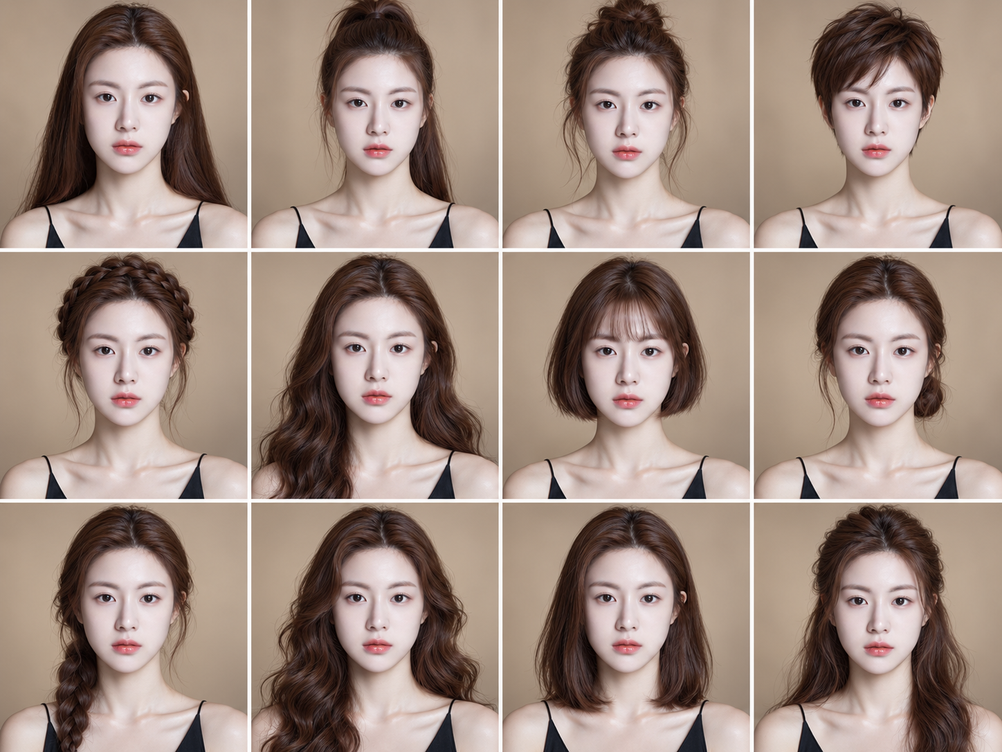 同一身份的十二格发型肖像对照 — AI image creation