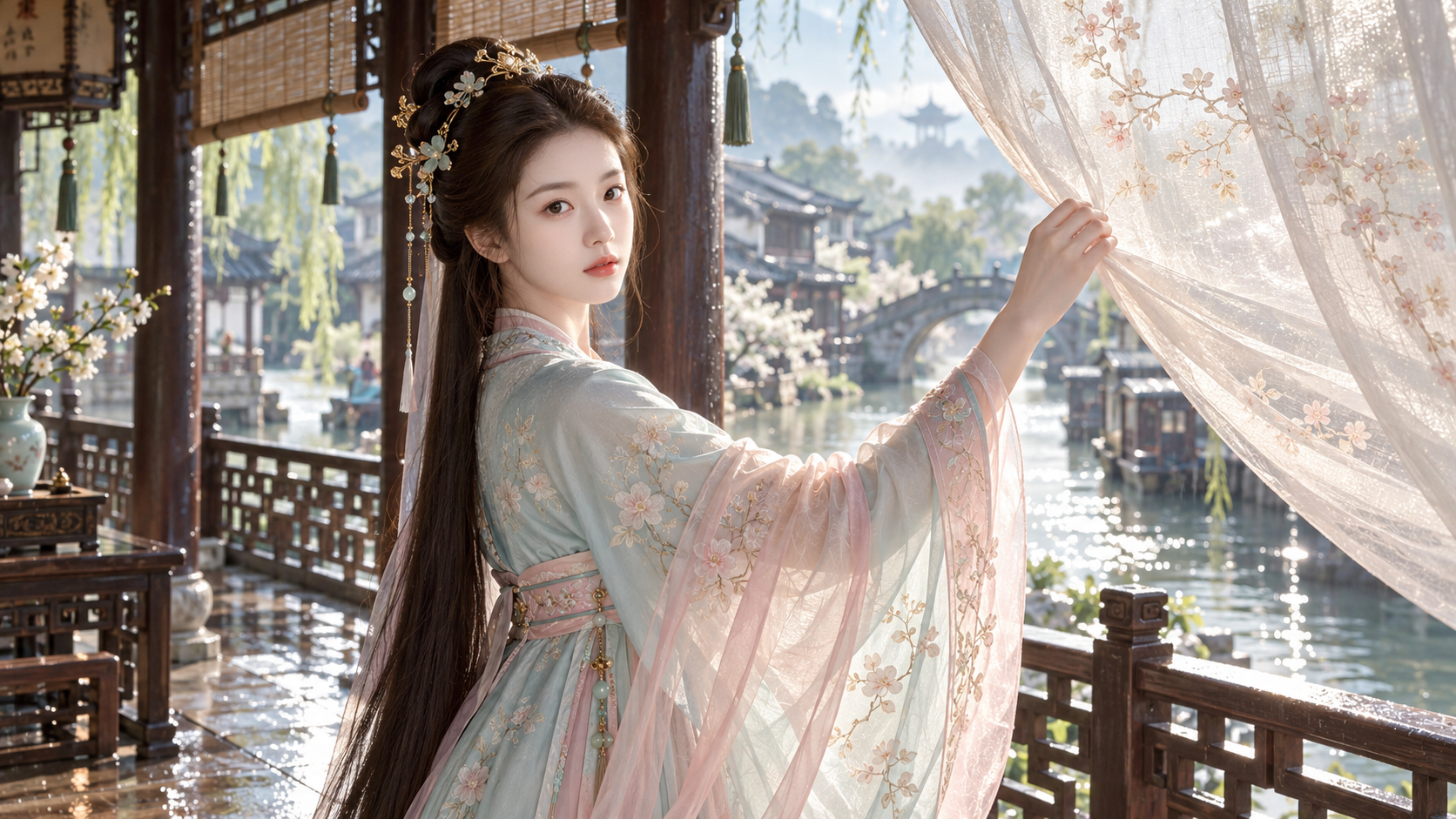 宋代少女临水楼阁雨后卷帘 — AI image creation