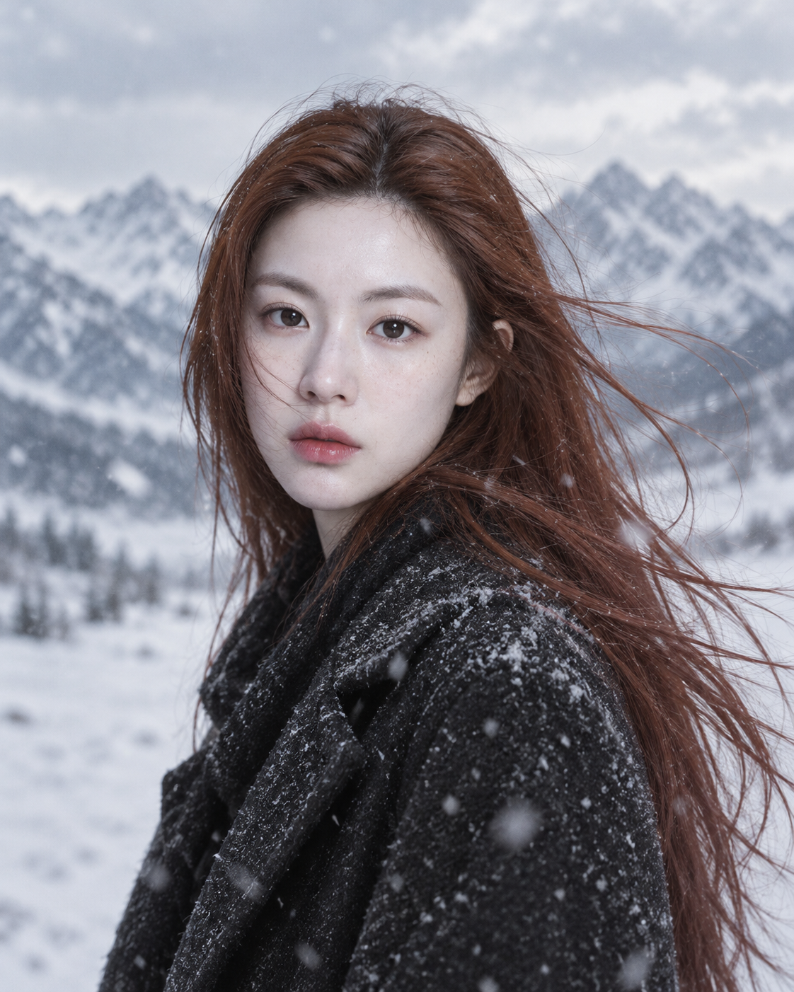 雪山背景下赤褐发成年女性的电影级写实人像 — AI image creation
