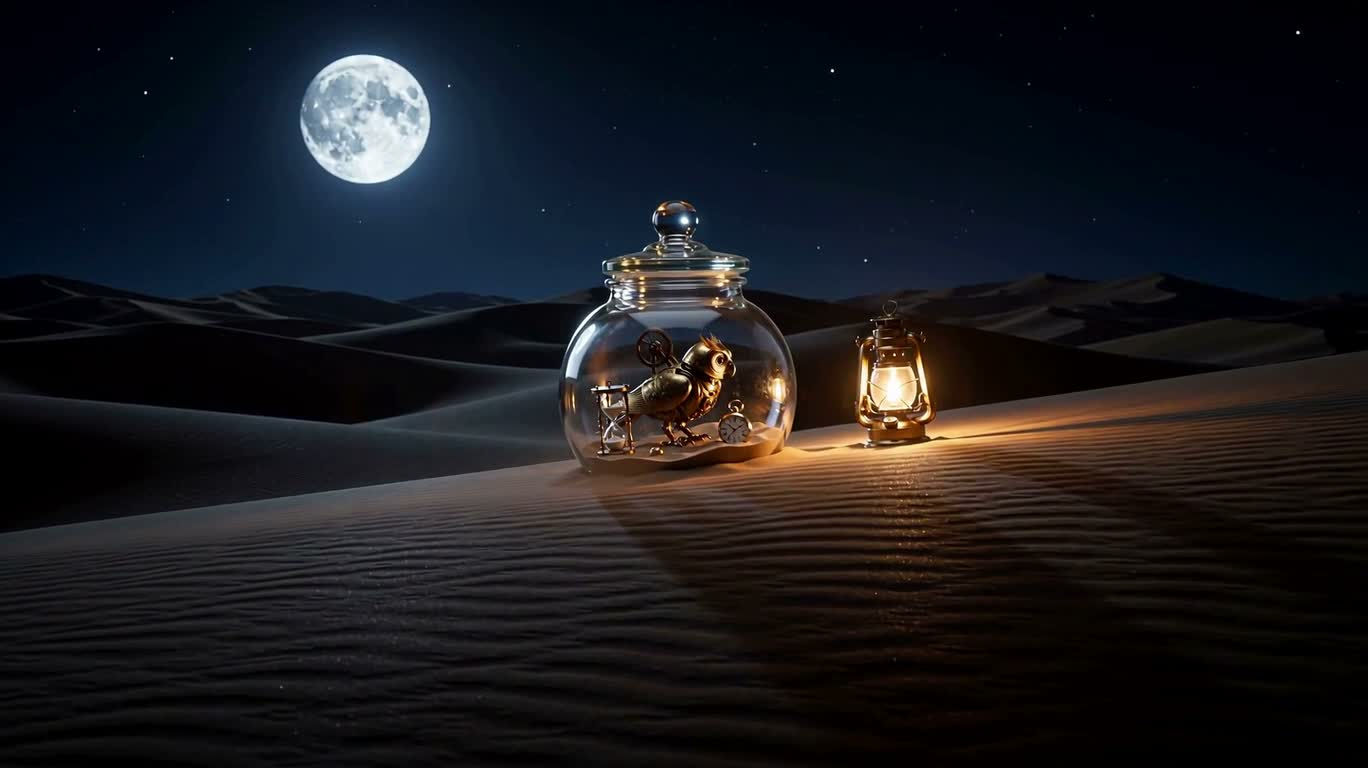 Moonlit Mechanical Owl in the Sand