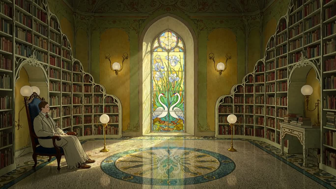 Читальный зал в стиле модерн с витражами — AI video creation