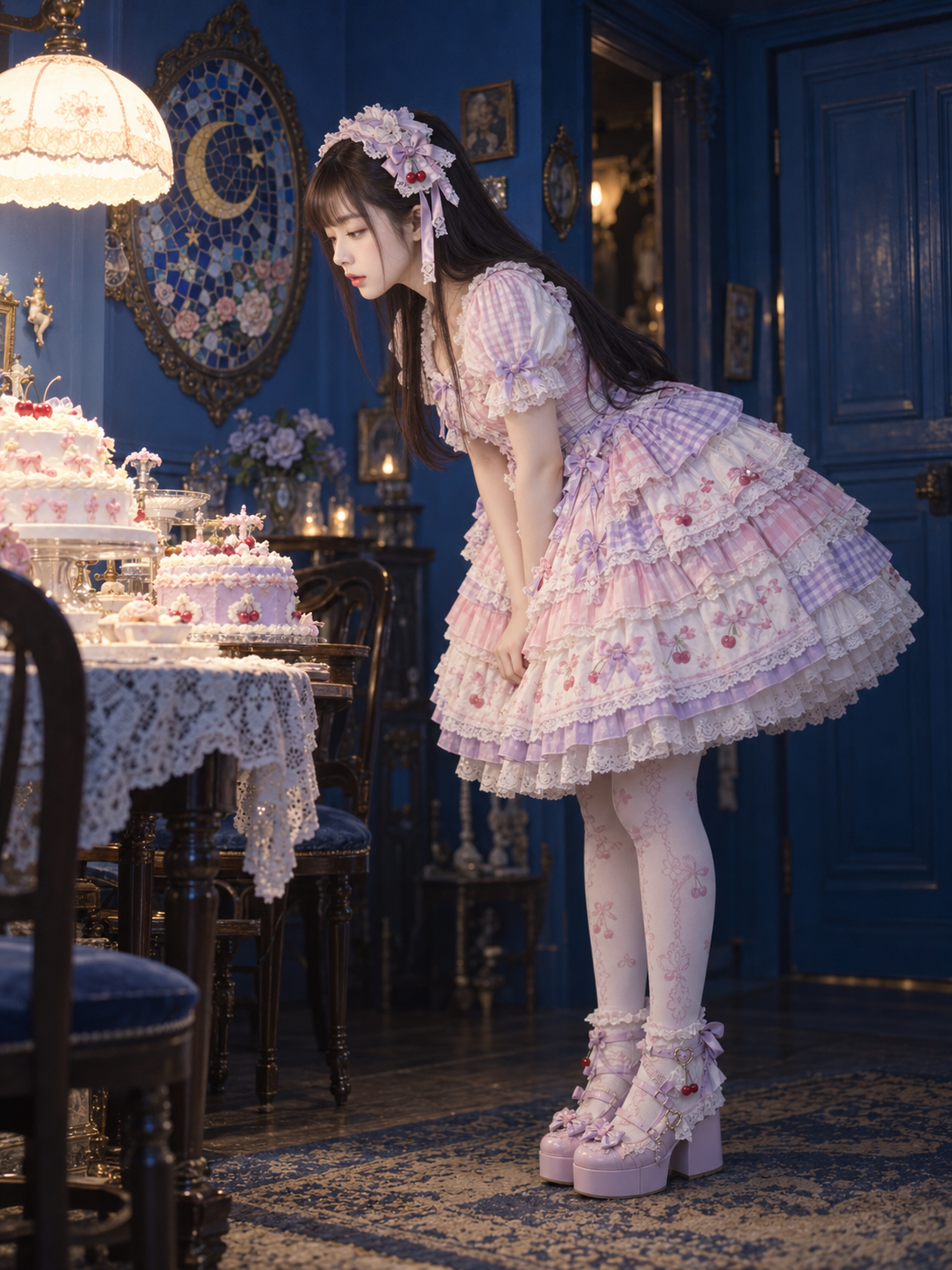 Candid Shot of a Sweet Lolita Cake in a Blue Room