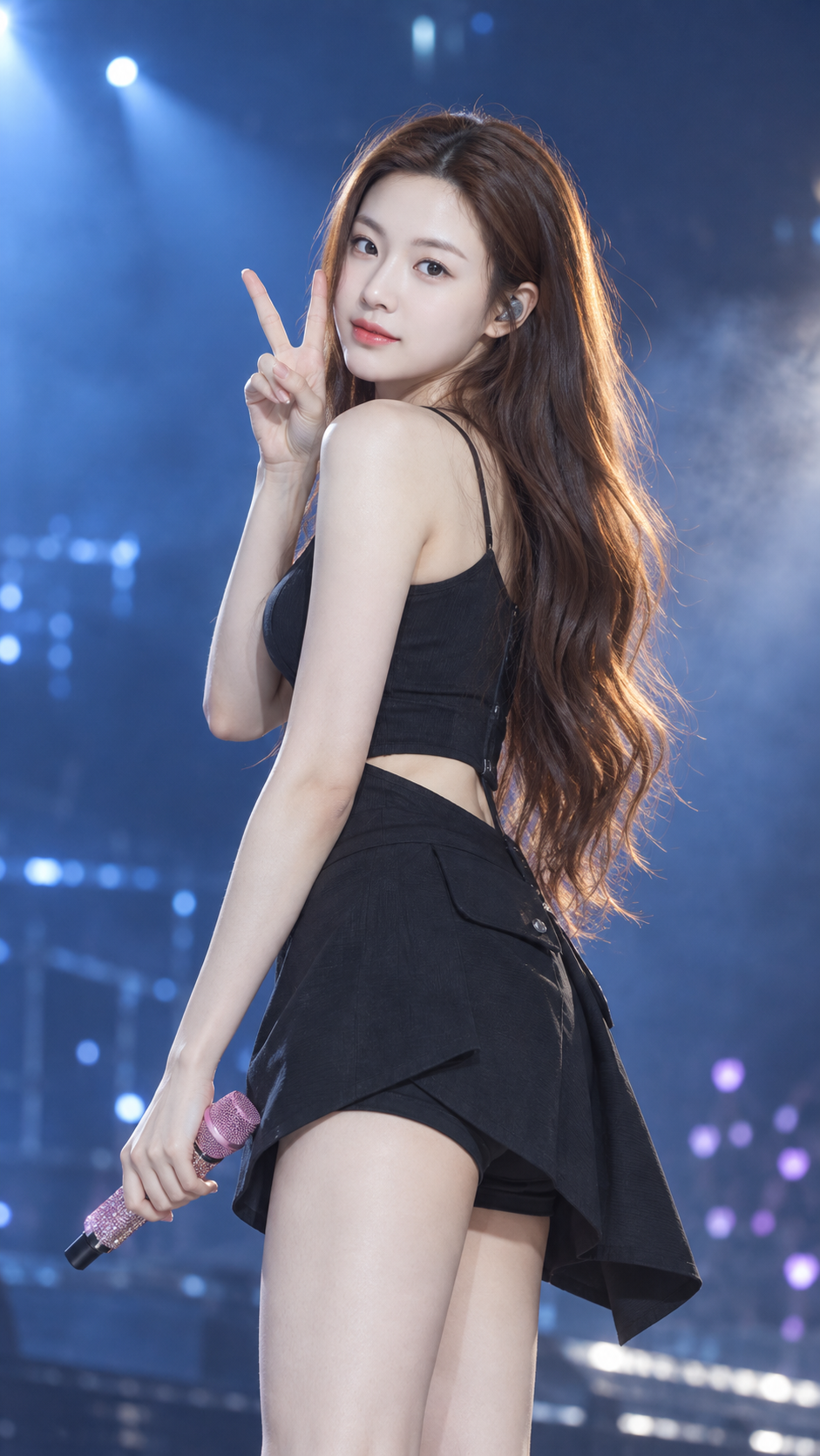 舞台回眸比心的东亚女孩写实摄影 — AI image creation